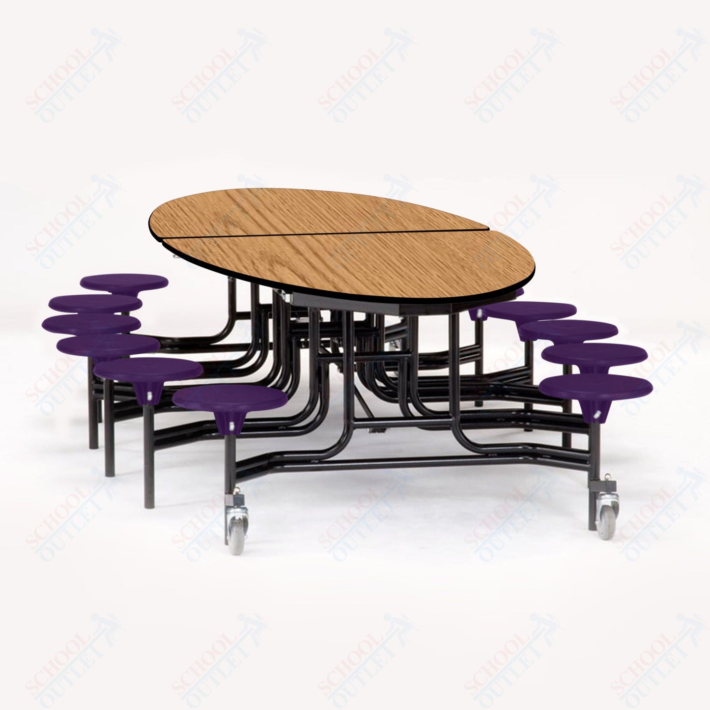 NPS 10' Elliptical Mobile Cafeteria Table - 12 Stools - Plywood Core - Protect Edge - Chrome Frame