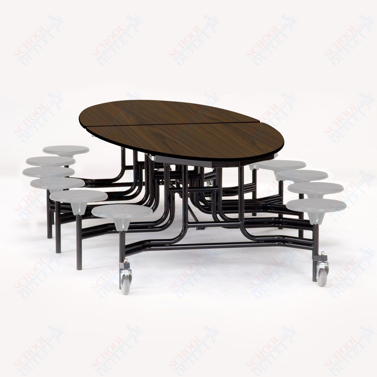 NPS 10' Elliptical Mobile Cafeteria Table - 12 Stools - Plywood Core - Protect Edge - Chrome Frame