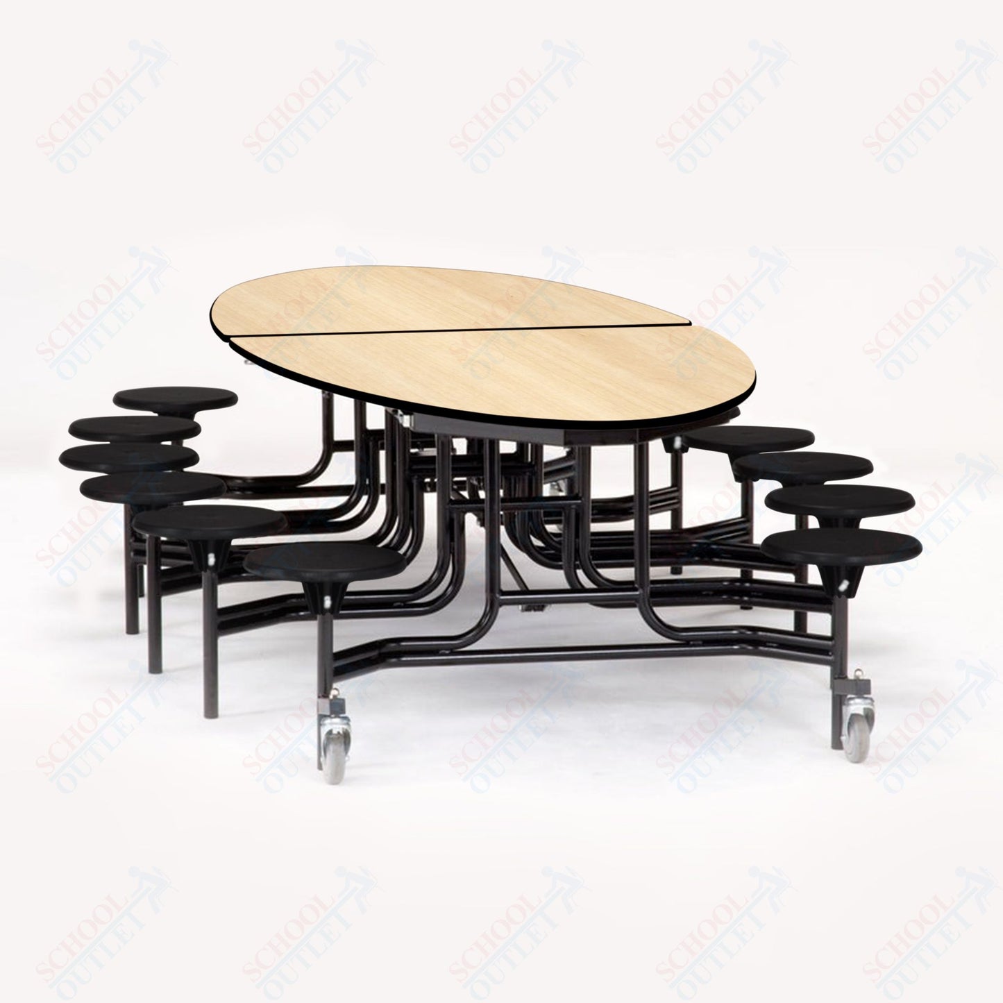 NPS 10' Elliptical Mobile Cafeteria Table - 12 Stools - Plywood Core - Protect Edge - Black Powdercoated Frame