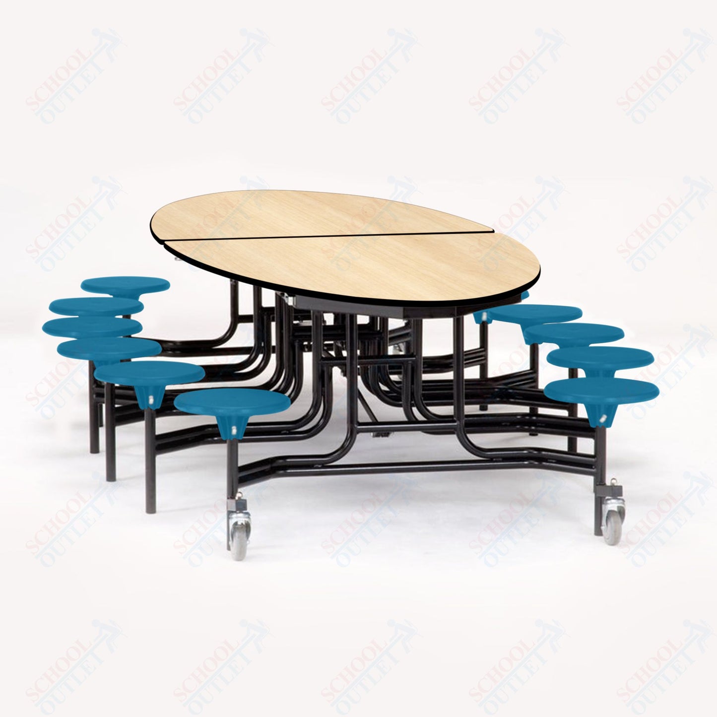NPS 10' Elliptical Mobile Cafeteria Table - 12 Stools - Plywood Core - Protect Edge - Black Powdercoated Frame