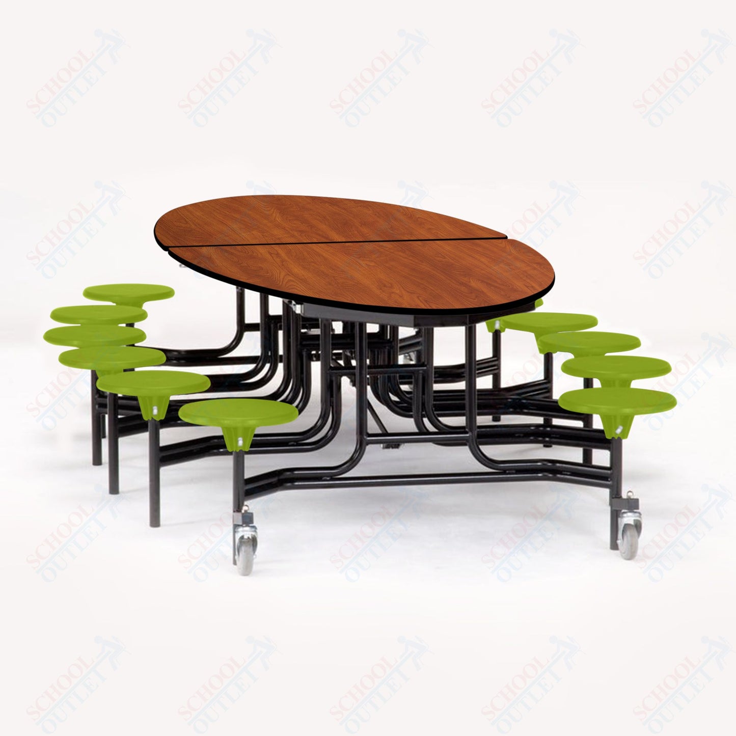 NPS 10' Elliptical Mobile Cafeteria Table - 12 Stools - Plywood Core - T-Molding Edge - Chrome Frame