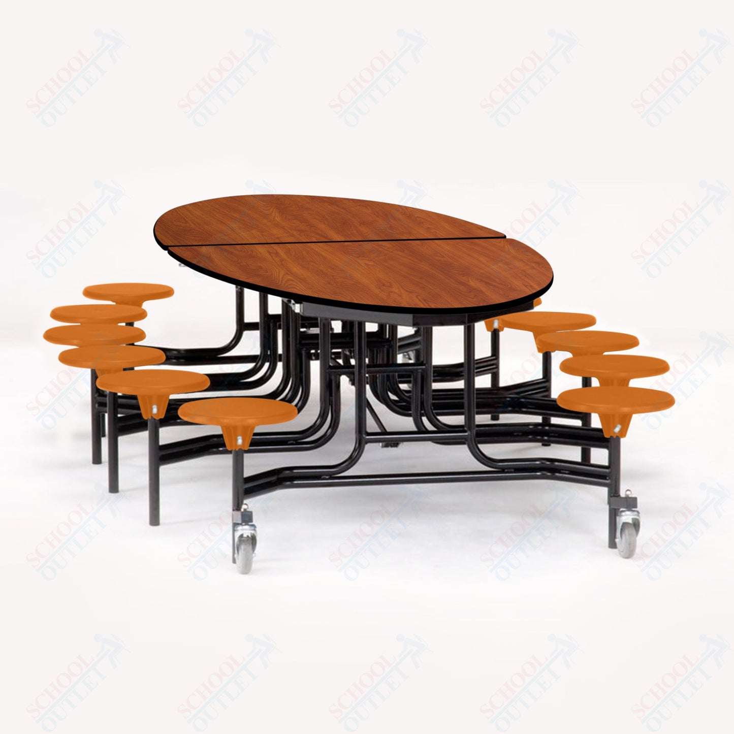 NPS 10' Elliptical Mobile Cafeteria Table - 12 Stools - Plywood Core - T-Molding Edge - Chrome Frame