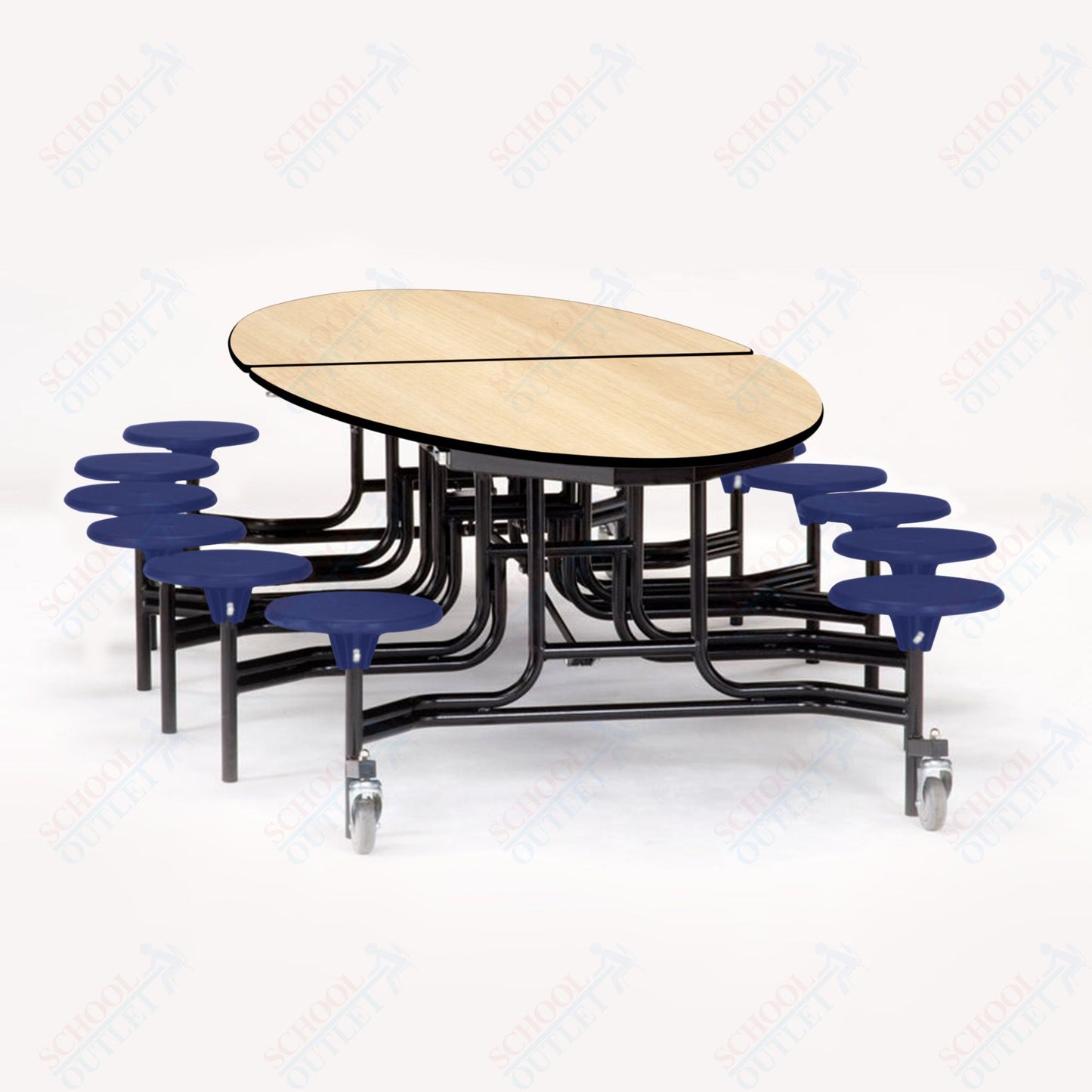 NPS 10' Elliptical Mobile Cafeteria Table - 12 Stools - Plywood Core - T-Molding Edge - Chrome Frame