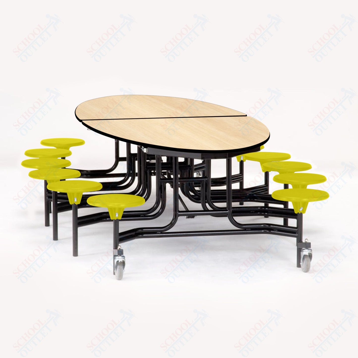 NPS 10' Elliptical Mobile Cafeteria Table - 12 Stools - Plywood Core - T-Molding Edge - Chrome Frame