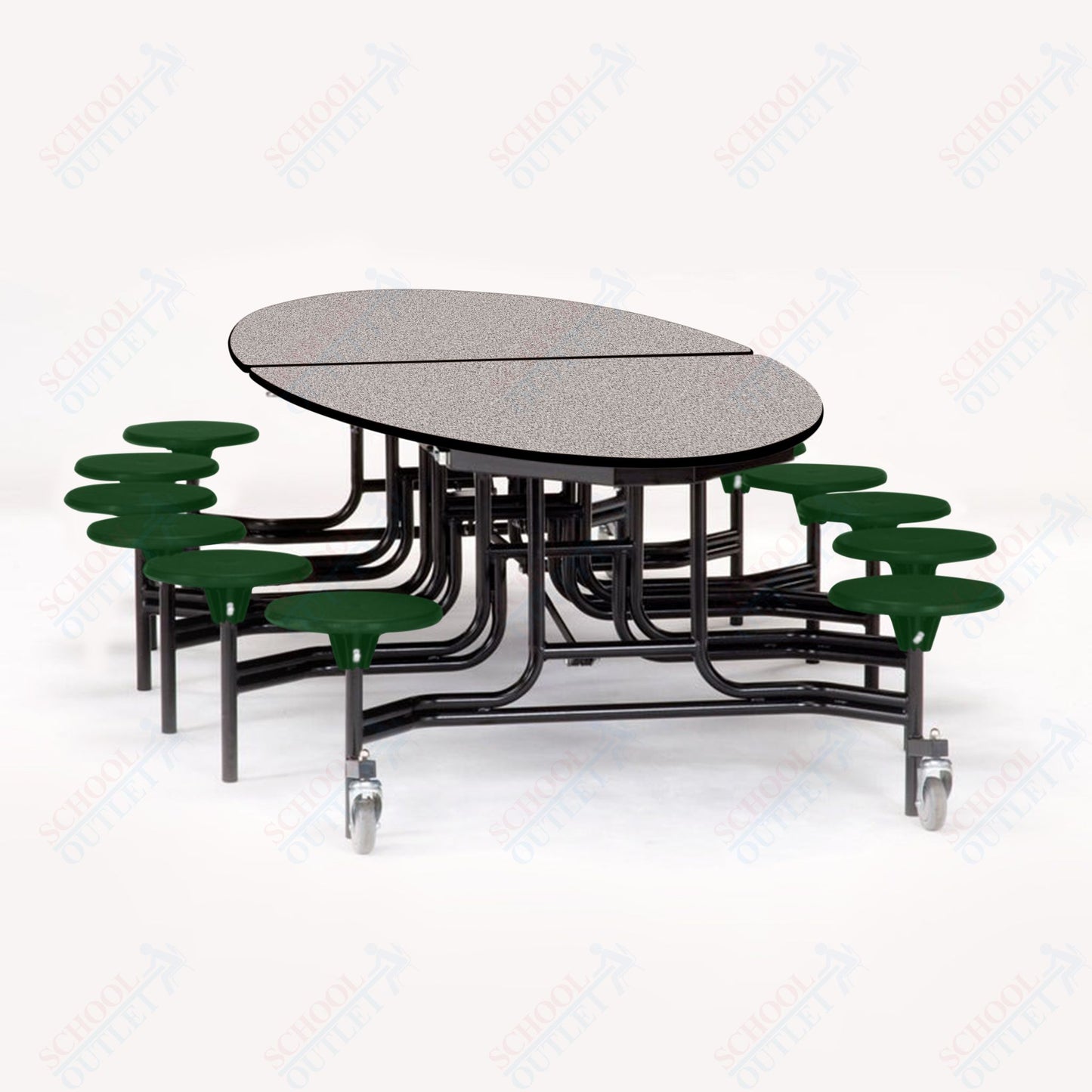 NPS 10' Elliptical Mobile Cafeteria Table - 12 Stools - Plywood Core - T-Molding Edge - Chrome Frame