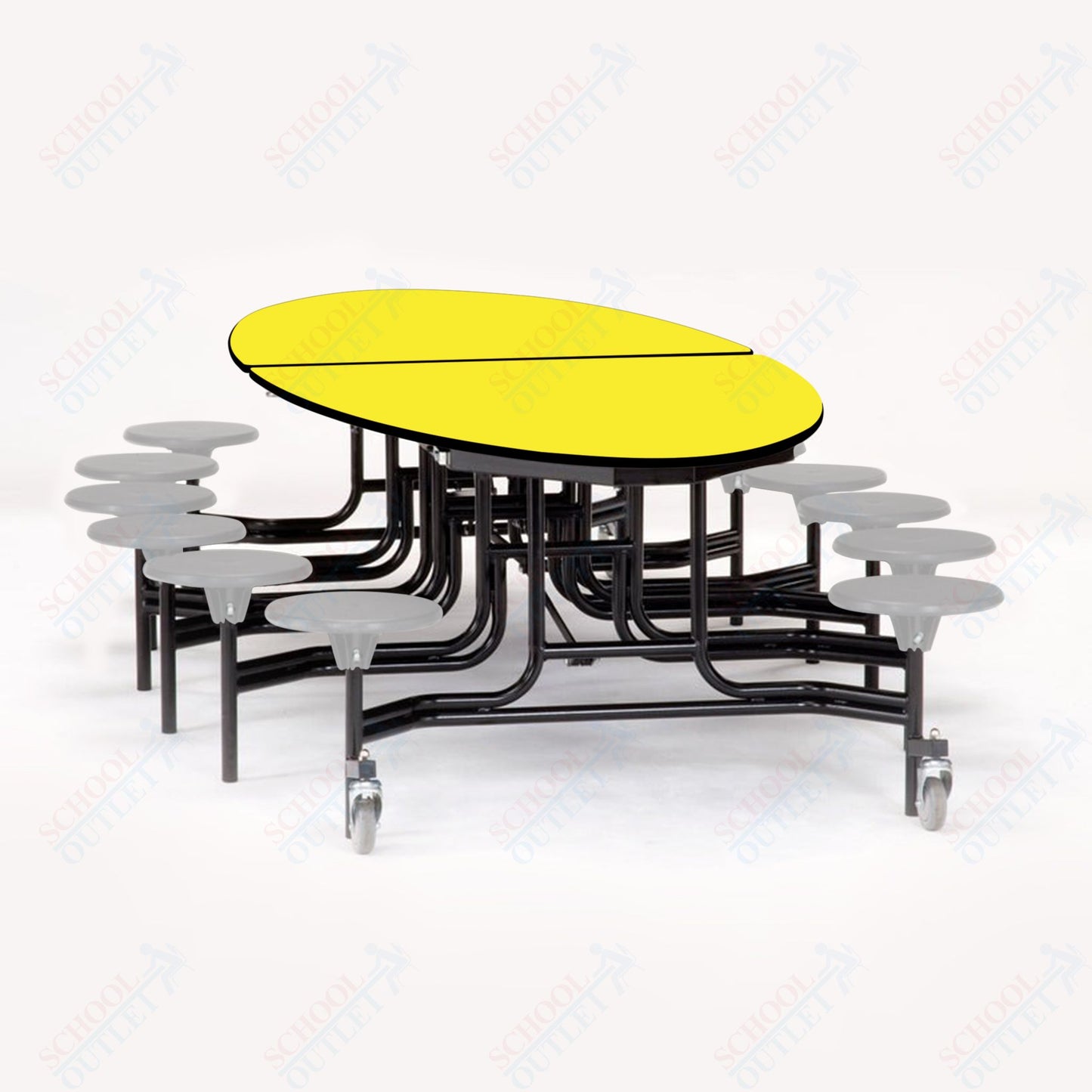 NPS 10' Elliptical Mobile Cafeteria Table - 12 Stools - Plywood Core - T-Molding Edge - Chrome Frame