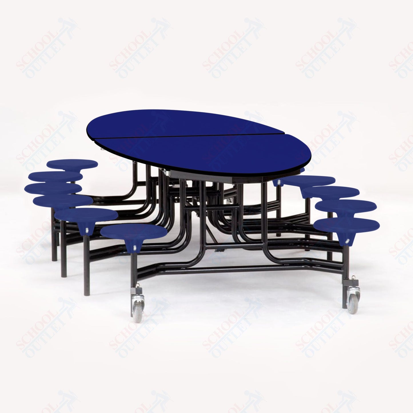 NPS 10' Elliptical Mobile Cafeteria Table - 12 Stools - Plywood Core - T-Molding Edge - Black Powdercoated Frame