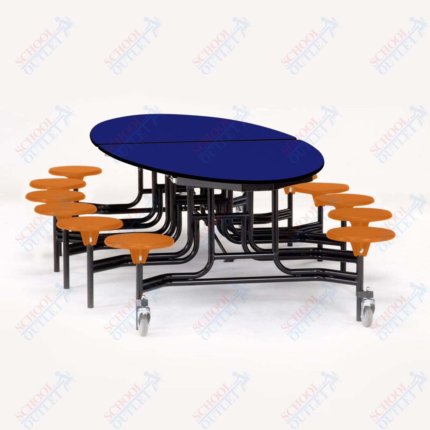 NPS 10' Elliptical Mobile Cafeteria Table - 12 Stools - Plywood Core - T-Molding Edge - Black Powdercoated Frame