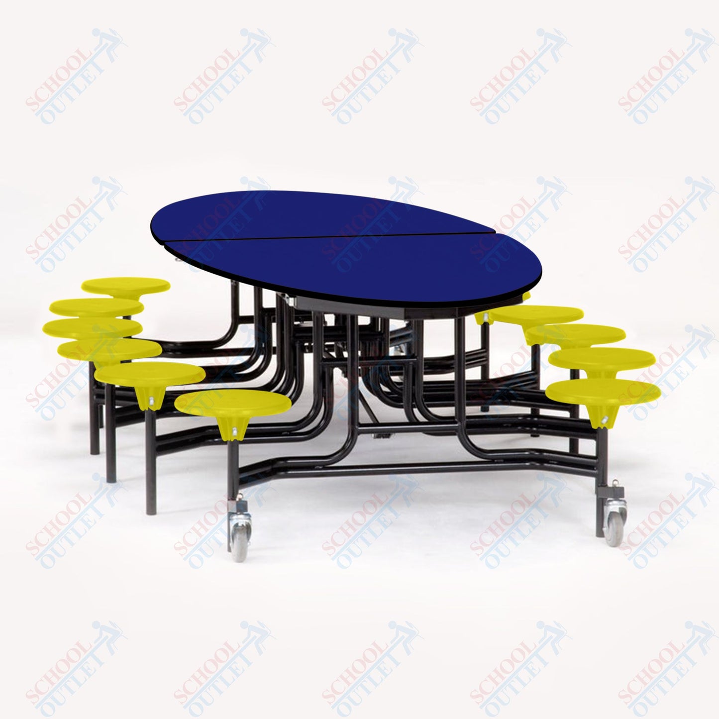 NPS 10' Elliptical Mobile Cafeteria Table - 12 Stools - Plywood Core - T-Molding Edge - Black Powdercoated Frame