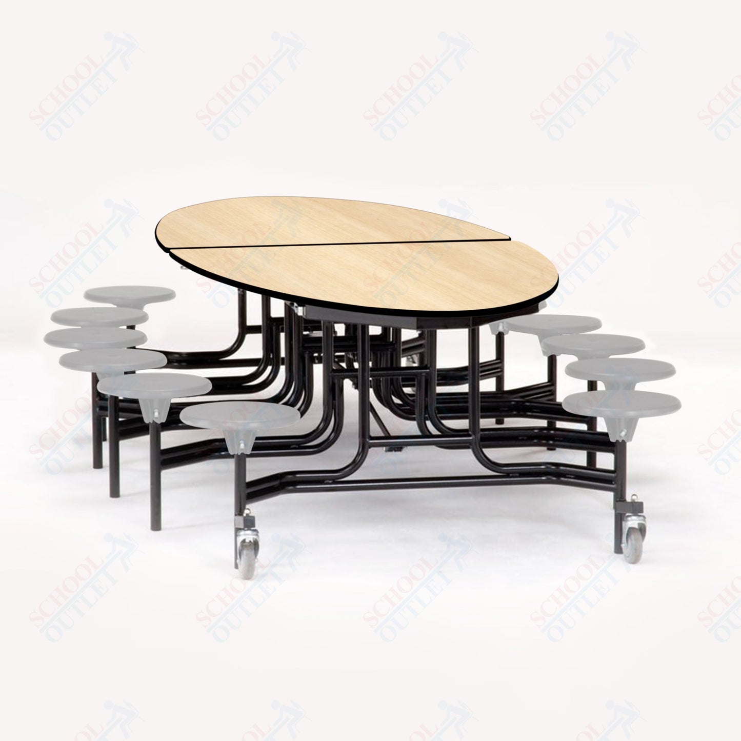 NPS 10' Elliptical Mobile Cafeteria Table - 12 Stools - Plywood Core - T-Molding Edge - Black Powdercoated Frame