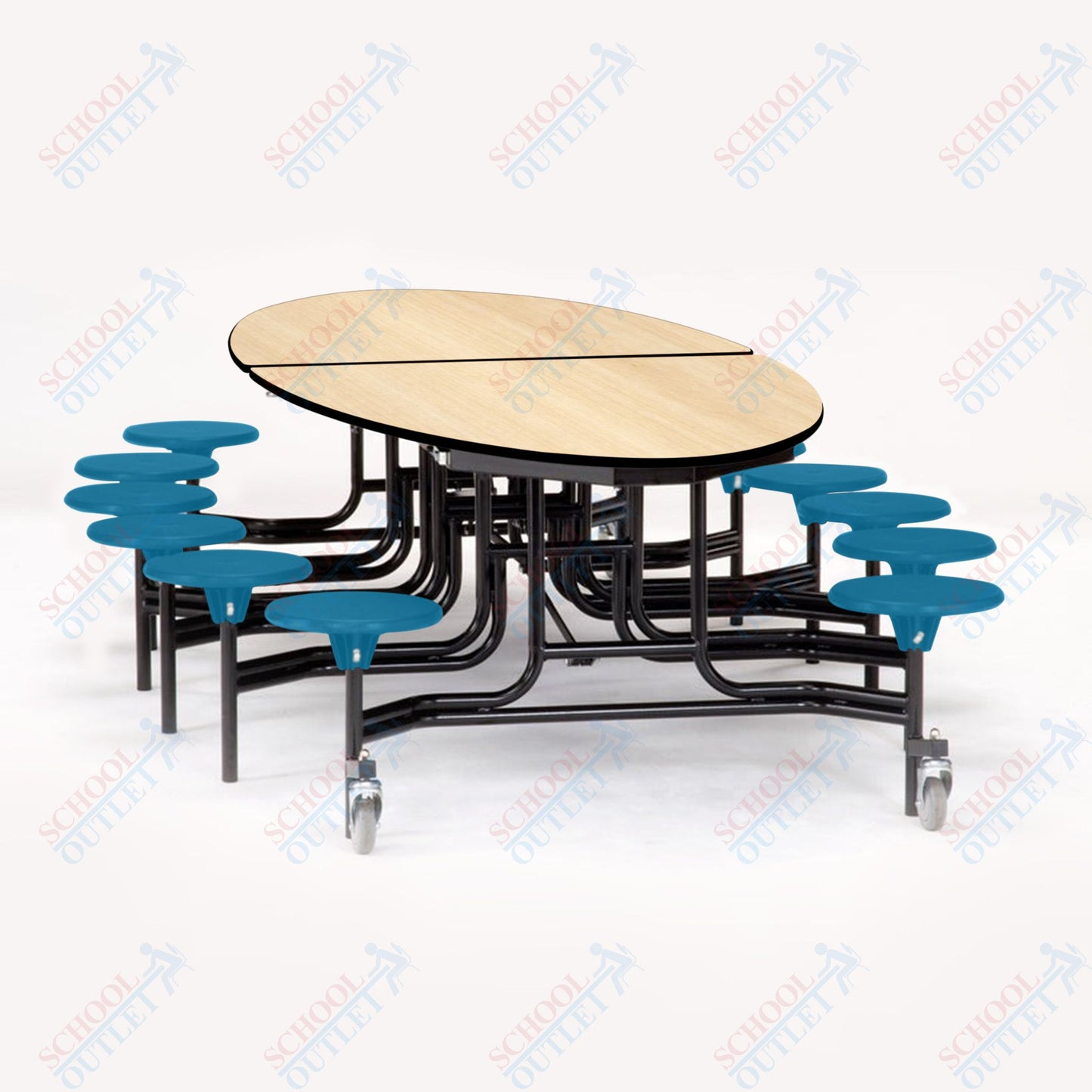 NPS 10' Elliptical Mobile Cafeteria Table - 12 Stools - Plywood Core - T-Molding Edge - Black Powdercoated Frame