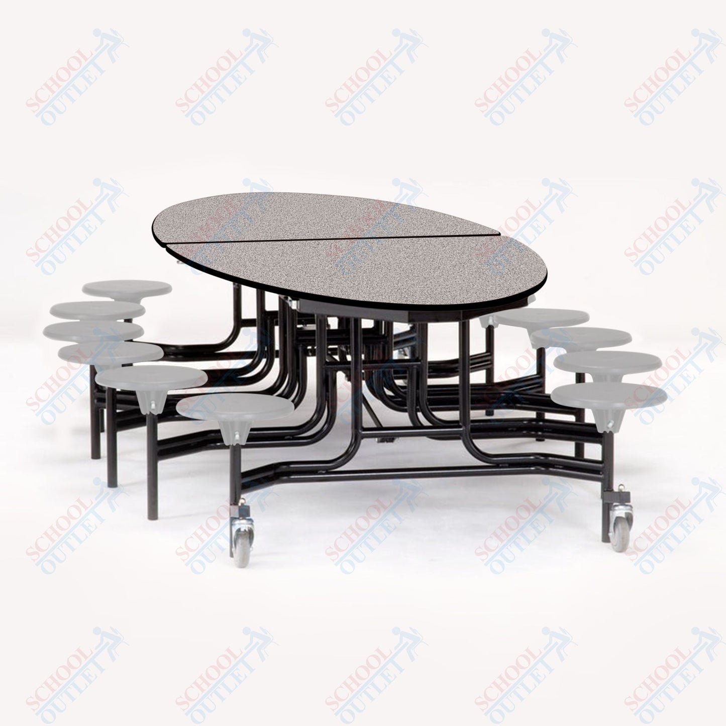 NPS 10' Elliptical Mobile Cafeteria Table - 12 Stools - Plywood Core - T-Molding Edge - Black Powdercoated Frame