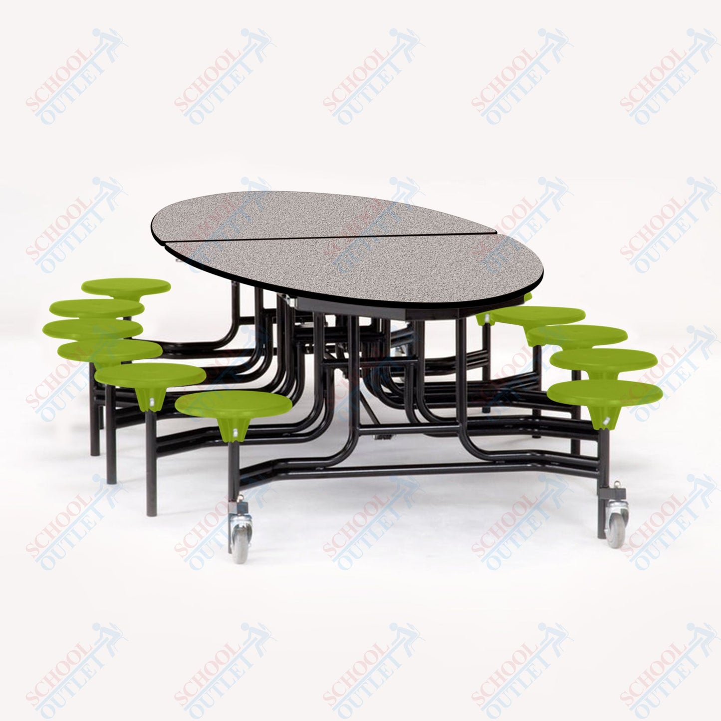 NPS 10' Elliptical Mobile Cafeteria Table - 12 Stools - Plywood Core - T-Molding Edge - Black Powdercoated Frame