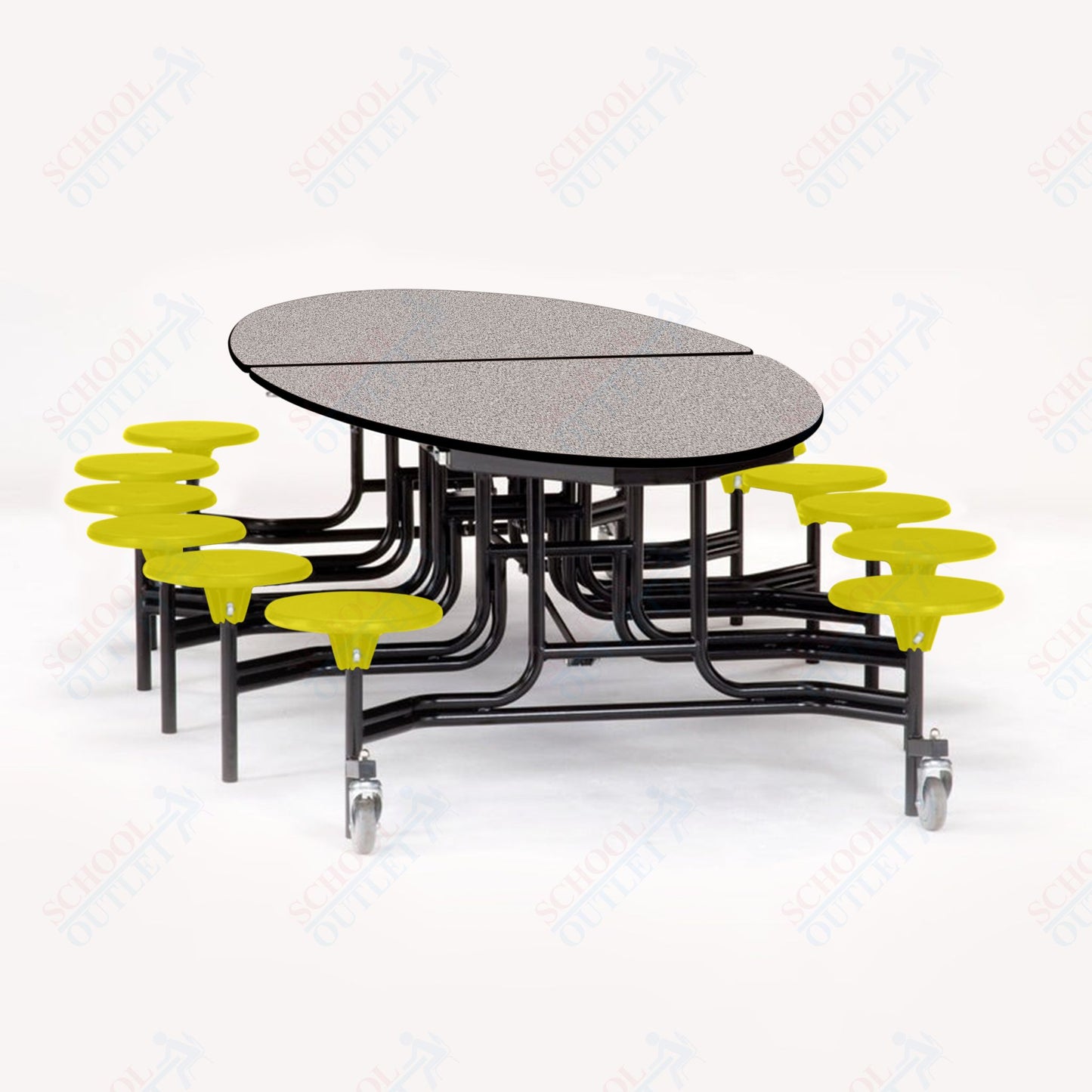 NPS 10' Elliptical Mobile Cafeteria Table - 12 Stools - Plywood Core - T-Molding Edge - Black Powdercoated Frame