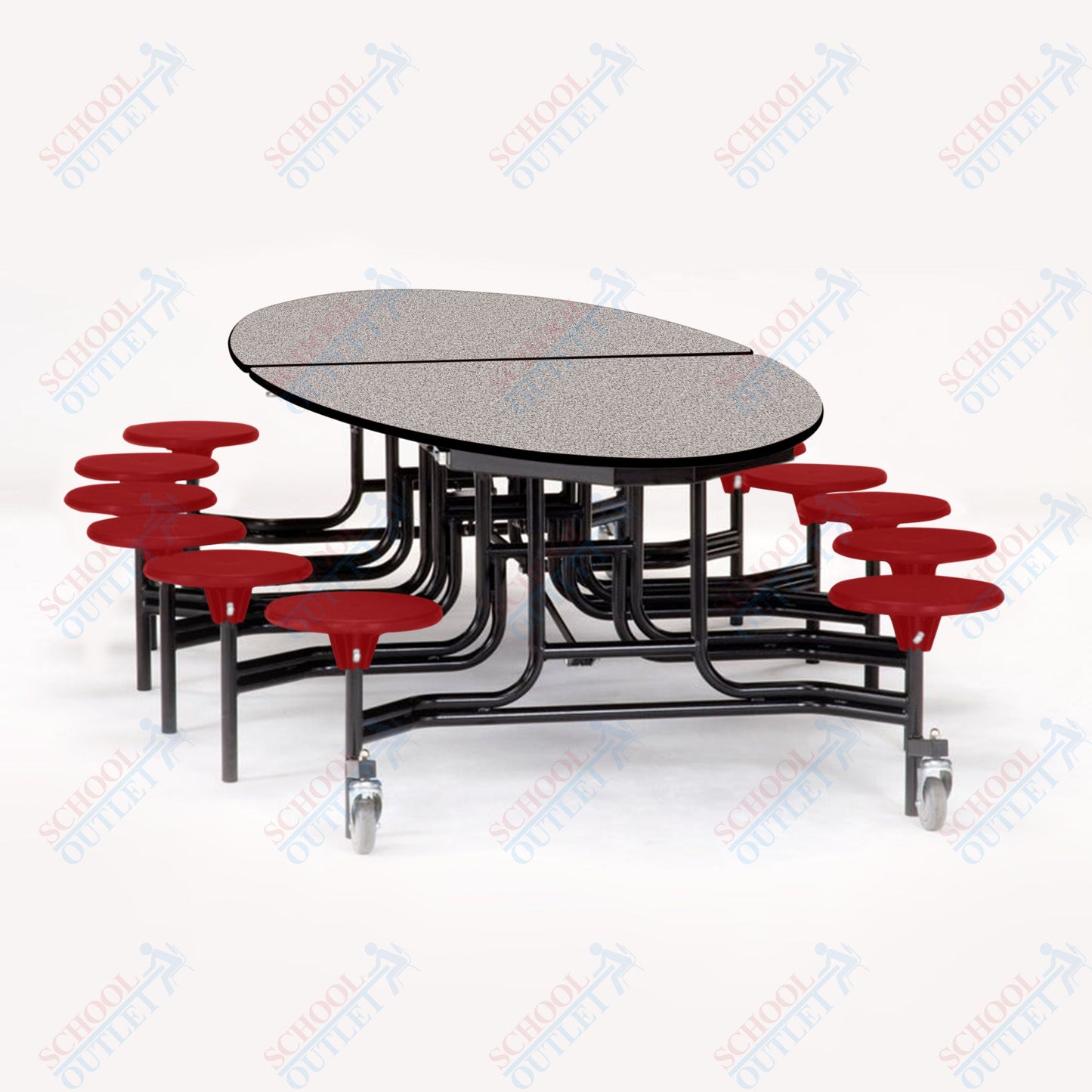 NPS 10' Elliptical Mobile Cafeteria Table - 12 Stools - Plywood Core - T-Molding Edge - Black Powdercoated Frame