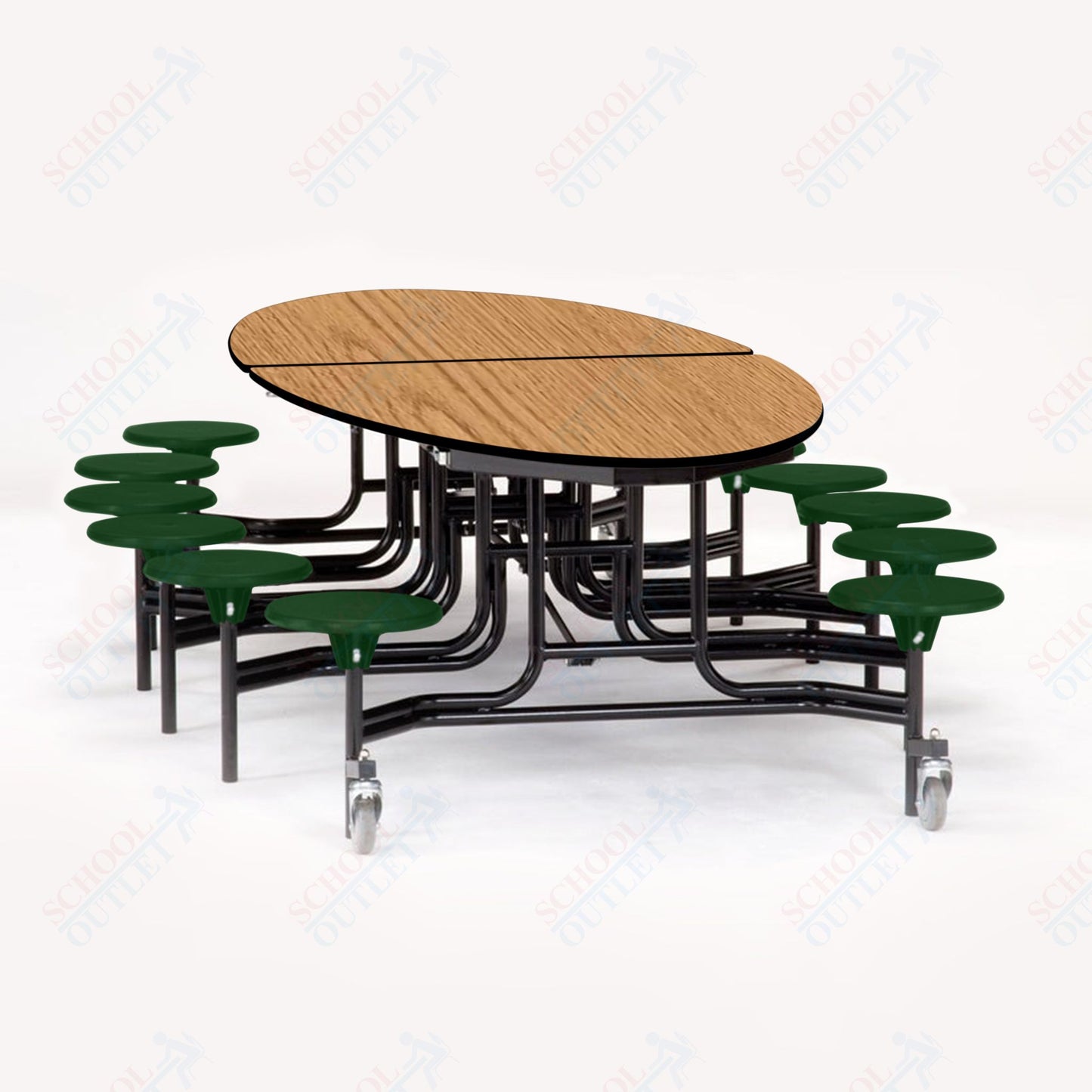 NPS 10' Elliptical Mobile Cafeteria Table - 12 Stools - Plywood Core - T-Molding Edge - Black Powdercoated Frame