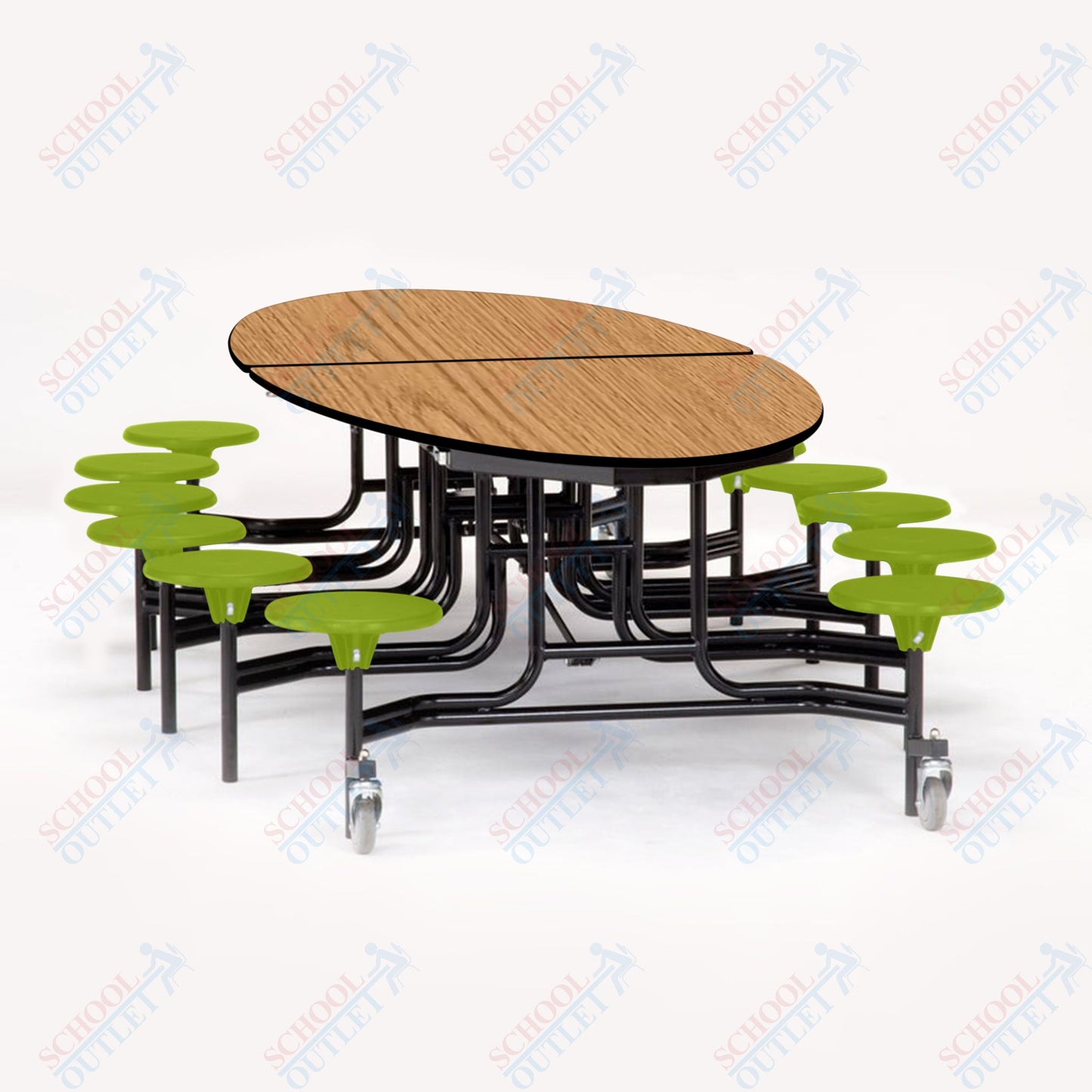 NPS 10' Elliptical Mobile Cafeteria Table - 12 Stools - Plywood Core - T-Molding Edge - Black Powdercoated Frame