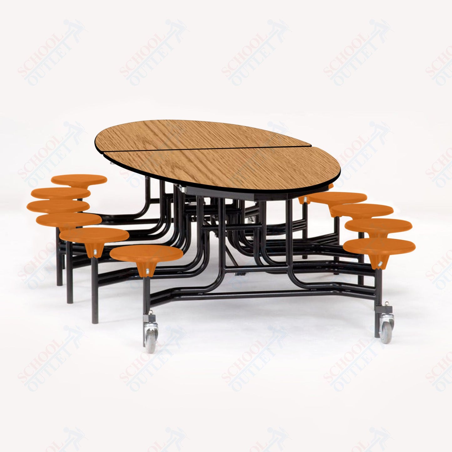 NPS 10' Elliptical Mobile Cafeteria Table - 12 Stools - Plywood Core - T-Molding Edge - Black Powdercoated Frame