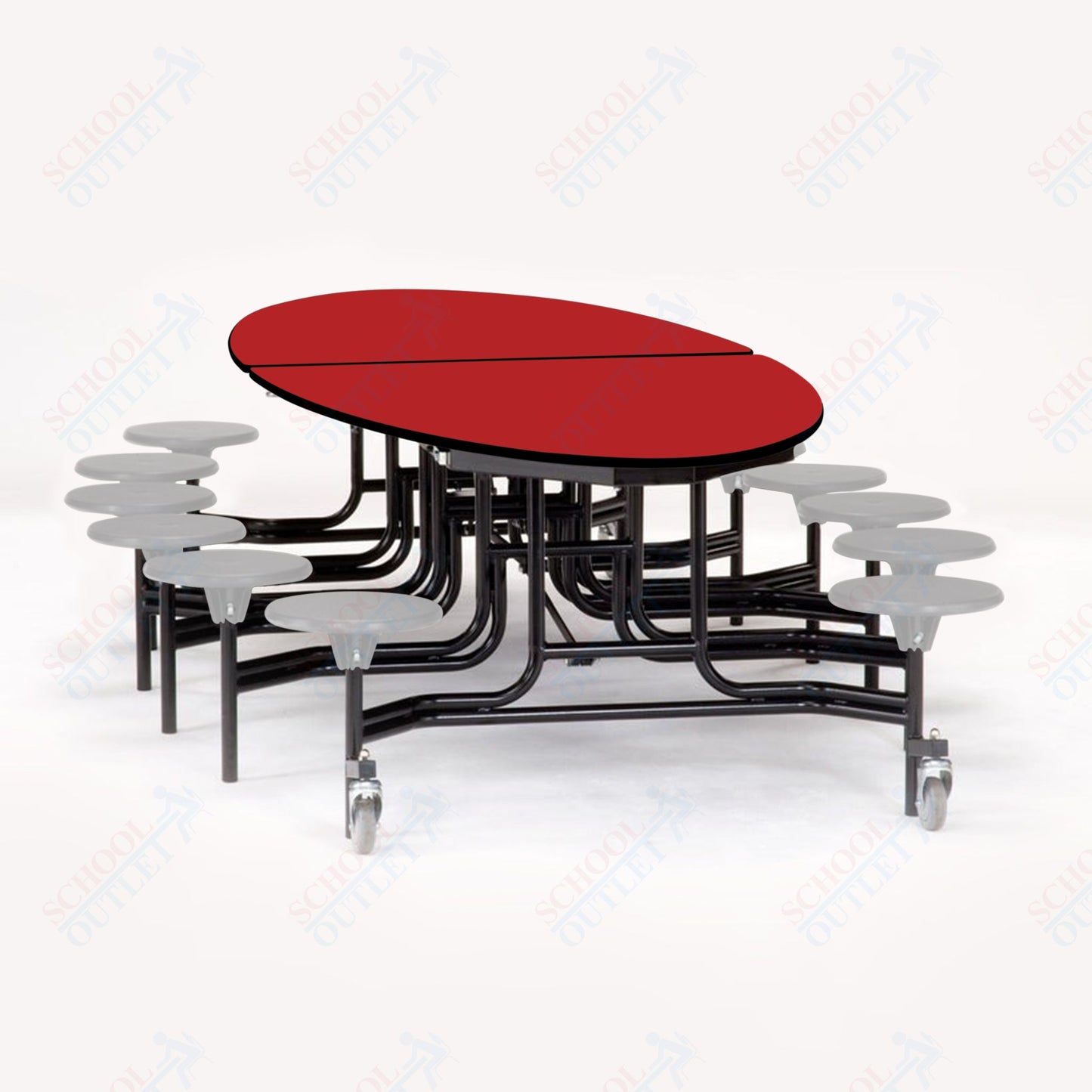 NPS 10' Elliptical Mobile Cafeteria Table - 12 Stools - Plywood Core - T-Molding Edge - Black Powdercoated Frame