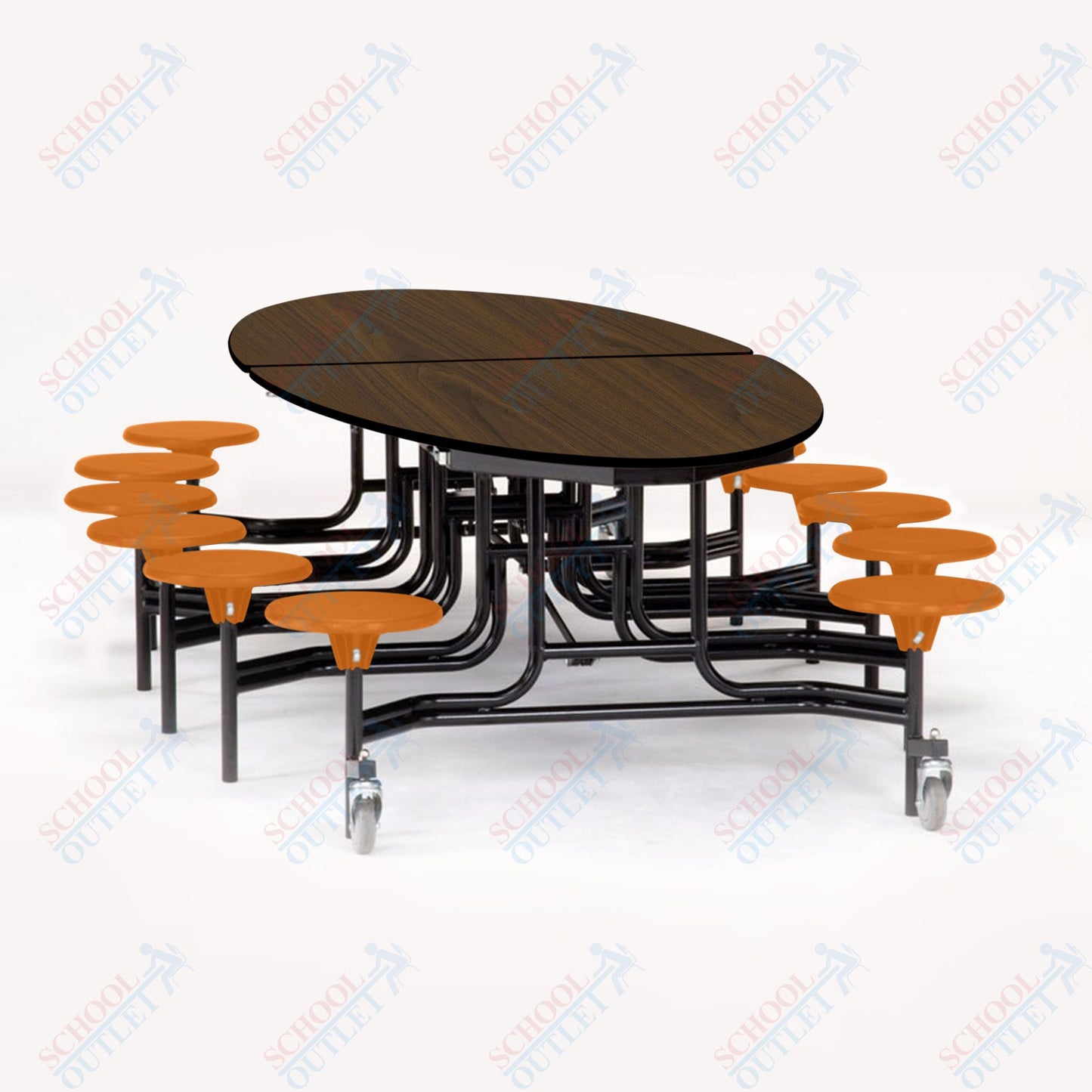 NPS 10' Elliptical Mobile Cafeteria Table - 12 Stools - Plywood Core - T-Molding Edge - Black Powdercoated Frame