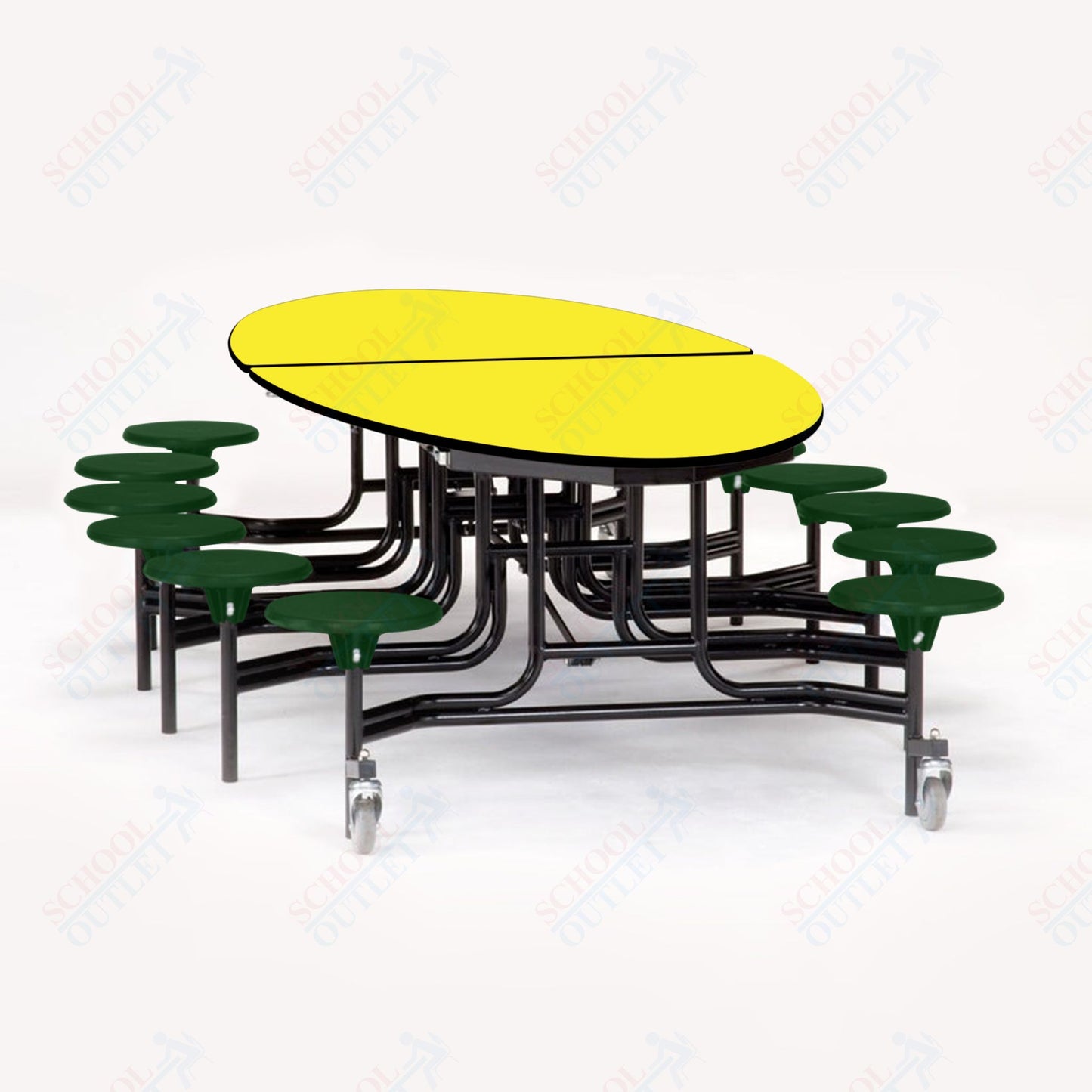 NPS 10' Elliptical Mobile Cafeteria Table - 12 Stools - Plywood Core - T-Molding Edge - Black Powdercoated Frame