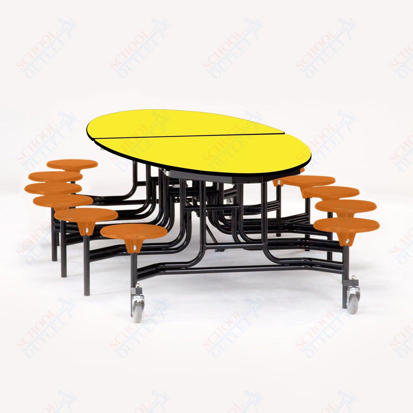 NPS 10' Elliptical Mobile Cafeteria Table - 12 Stools - Plywood Core - T-Molding Edge - Black Powdercoated Frame