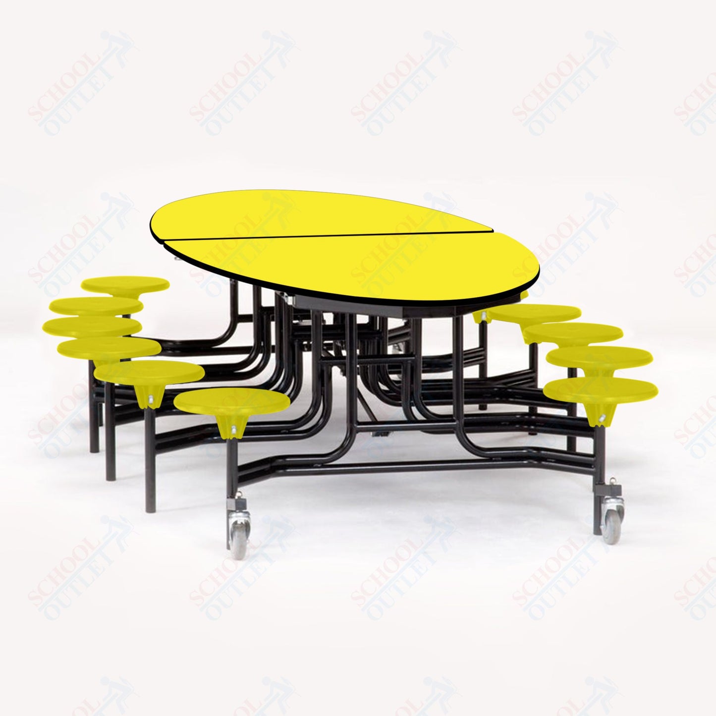 NPS 10' Elliptical Mobile Cafeteria Table - 12 Stools - Plywood Core - T-Molding Edge - Black Powdercoated Frame