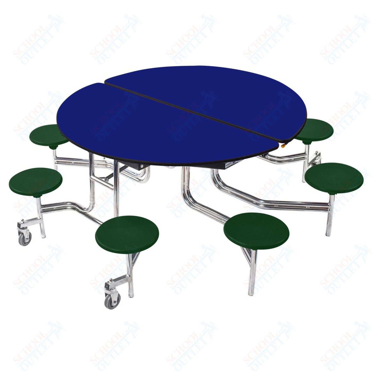 NPS 60" Round Mobile Cafeteria Table - 8 Stools - MDF Core - Protected Edge - Chrome Frame