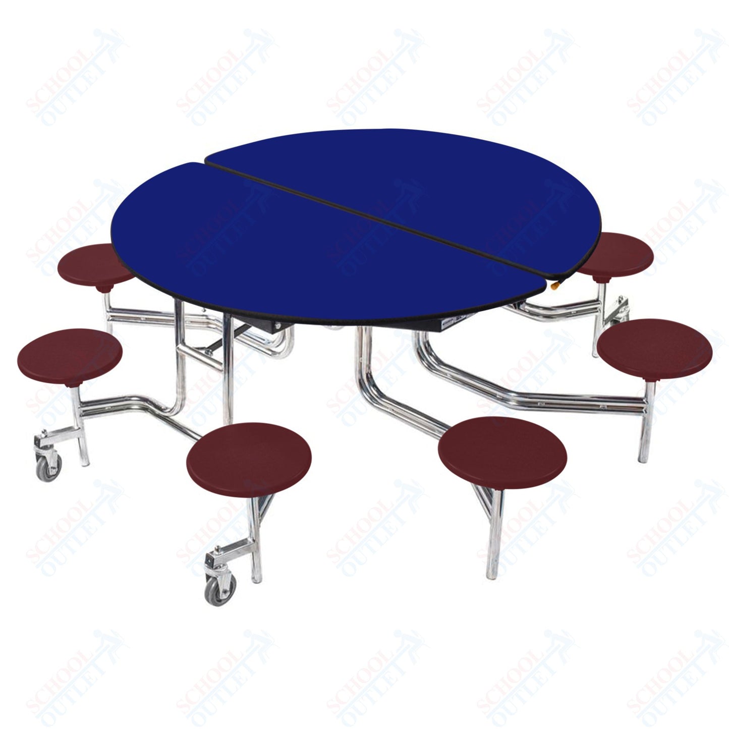 NPS 60" Round Mobile Cafeteria Table - 8 Stools - MDF Core - Protected Edge - Chrome Frame