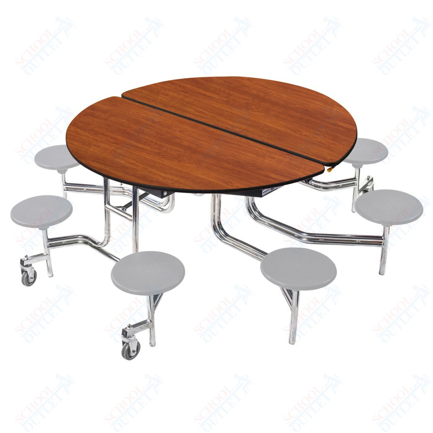 NPS 60" Round Mobile Cafeteria Table - 8 Stools - MDF Core - Protected Edge - Chrome Frame