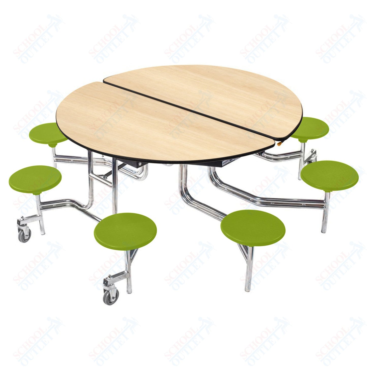 NPS 60" Round Mobile Cafeteria Table - 8 Stools - MDF Core - Protected Edge - Chrome Frame