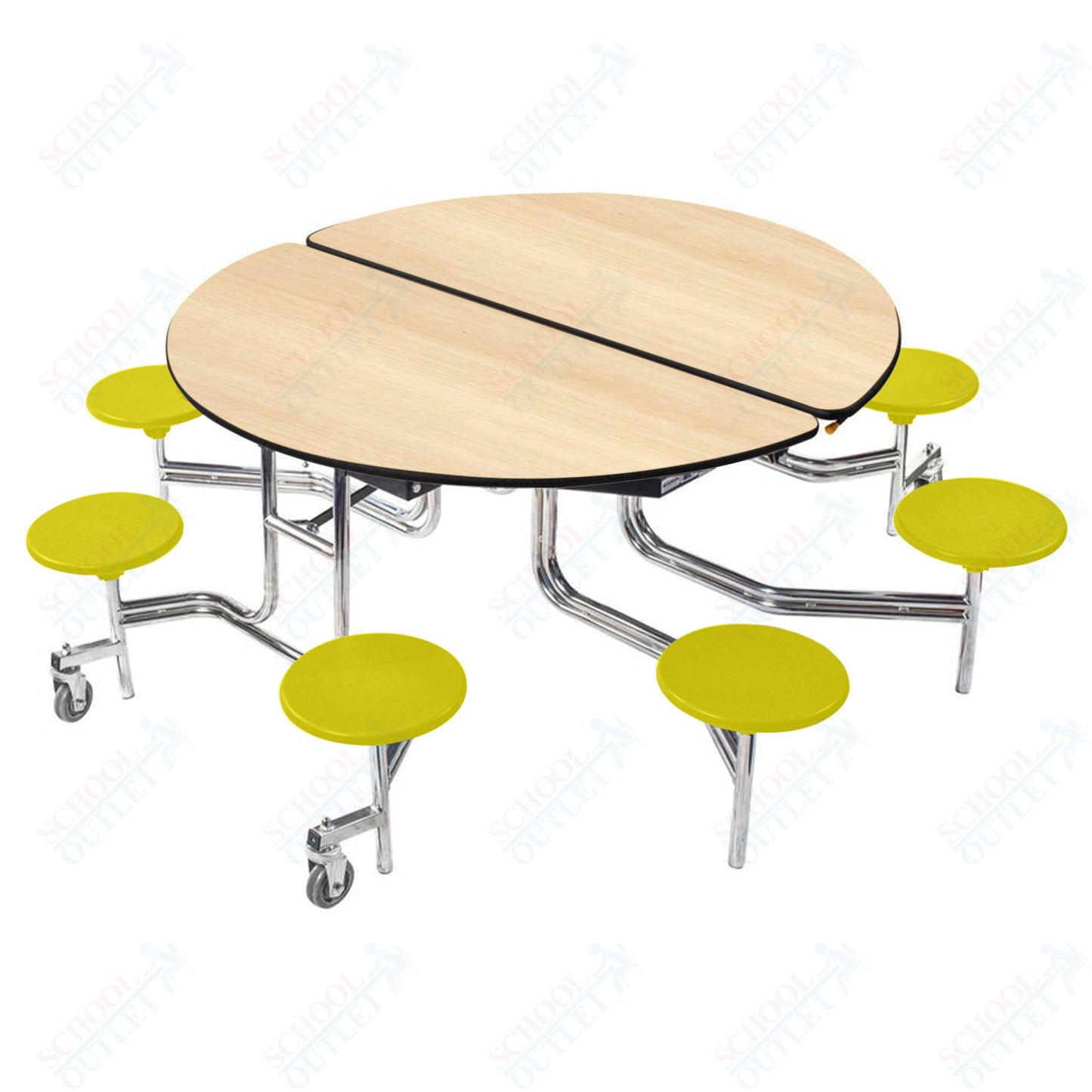 NPS 60" Round Mobile Cafeteria Table - 8 Stools - MDF Core - Protected Edge - Chrome Frame