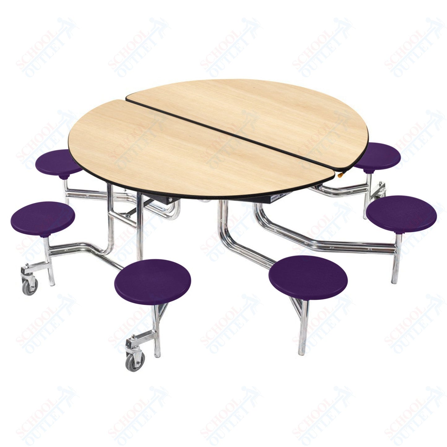 NPS 60" Round Mobile Cafeteria Table - 8 Stools - MDF Core - Protected Edge - Chrome Frame