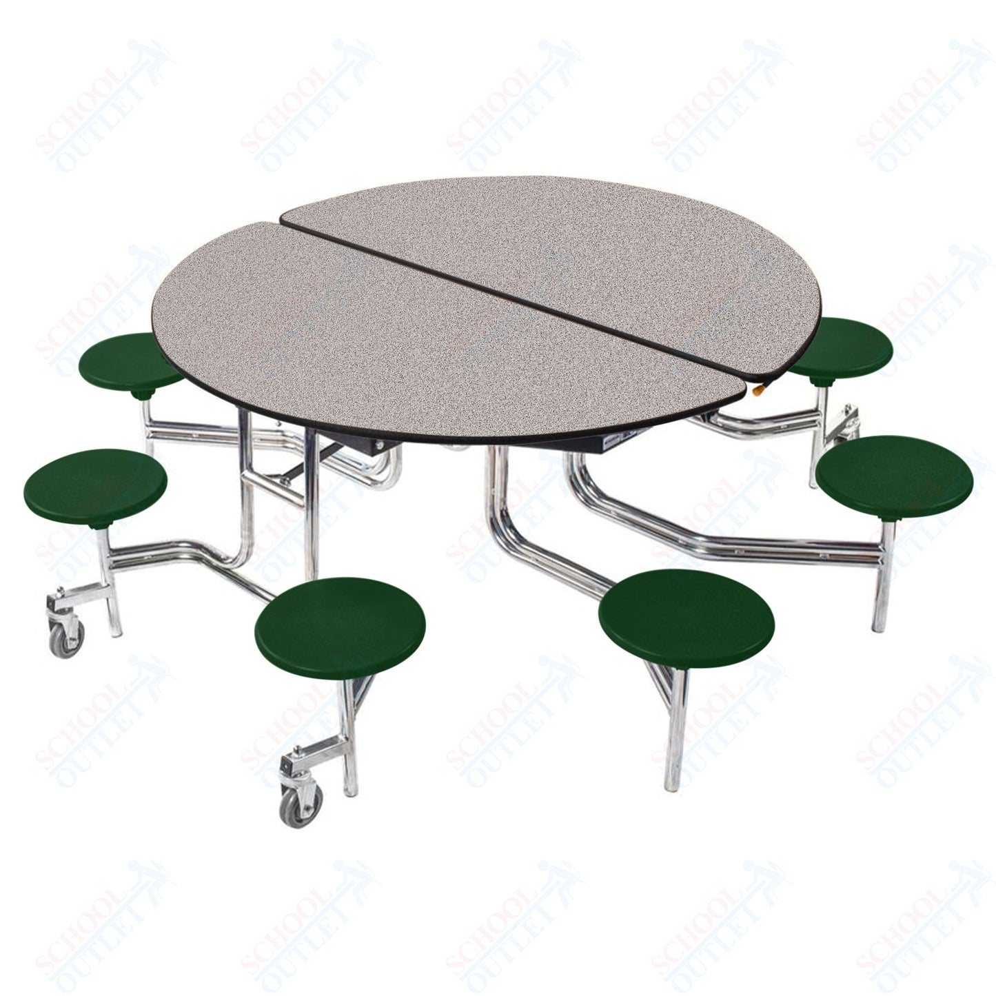 NPS 60" Round Mobile Cafeteria Table - 8 Stools - MDF Core - Protected Edge - Chrome Frame