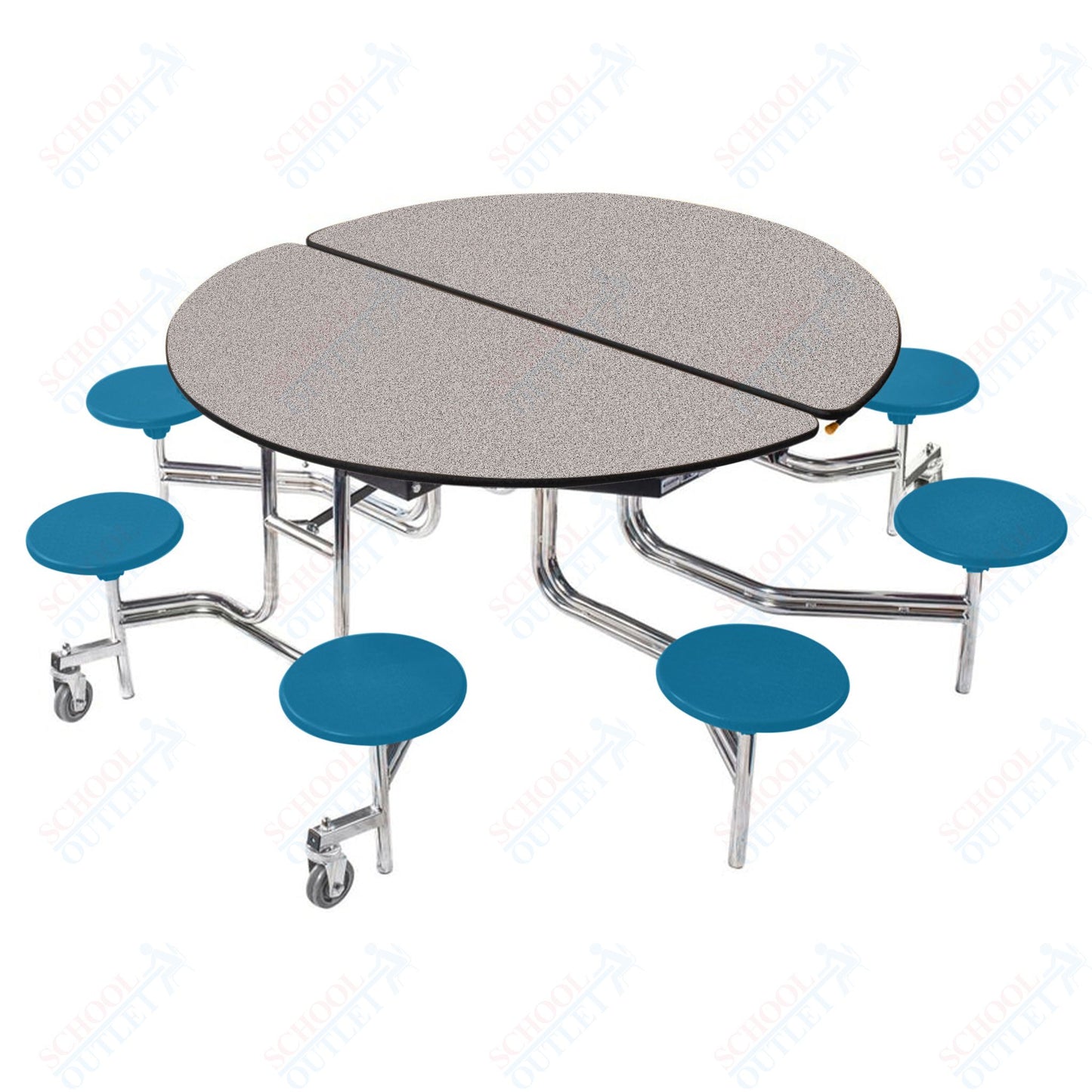 NPS 60" Round Mobile Cafeteria Table - 8 Stools - MDF Core - Protected Edge - Chrome Frame