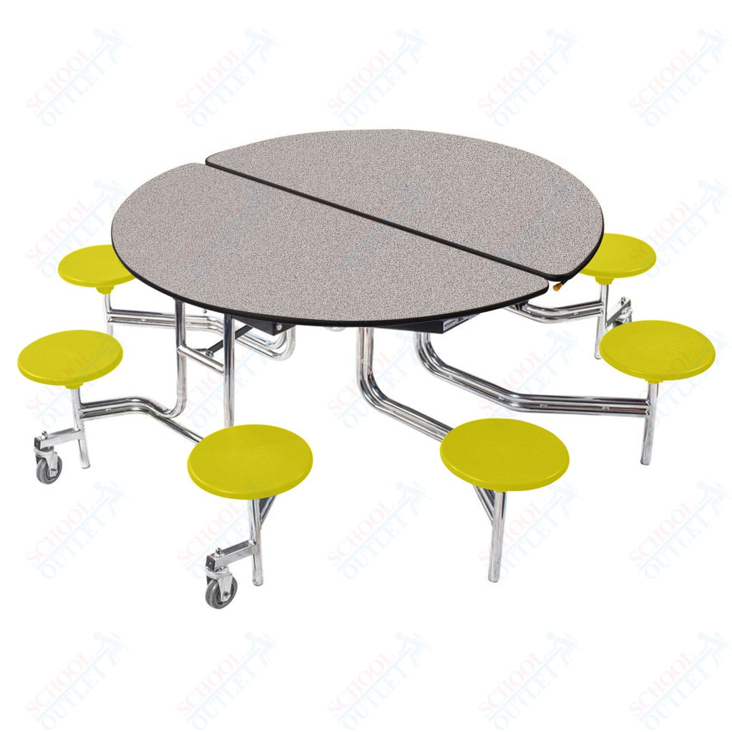 NPS 60" Round Mobile Cafeteria Table - 8 Stools - MDF Core - Protected Edge - Chrome Frame