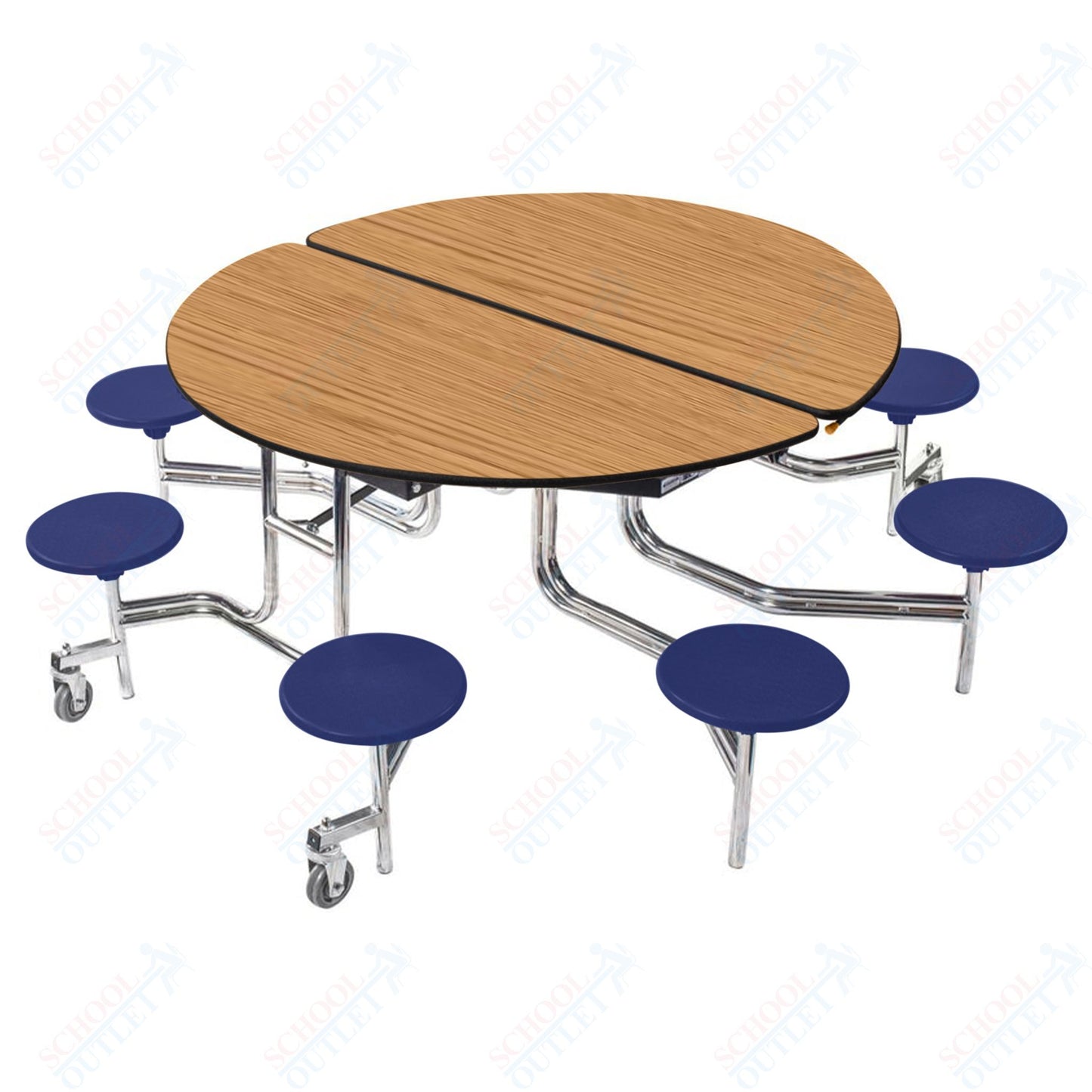 NPS 60" Round Mobile Cafeteria Table - 8 Stools - MDF Core - Protected Edge - Chrome Frame