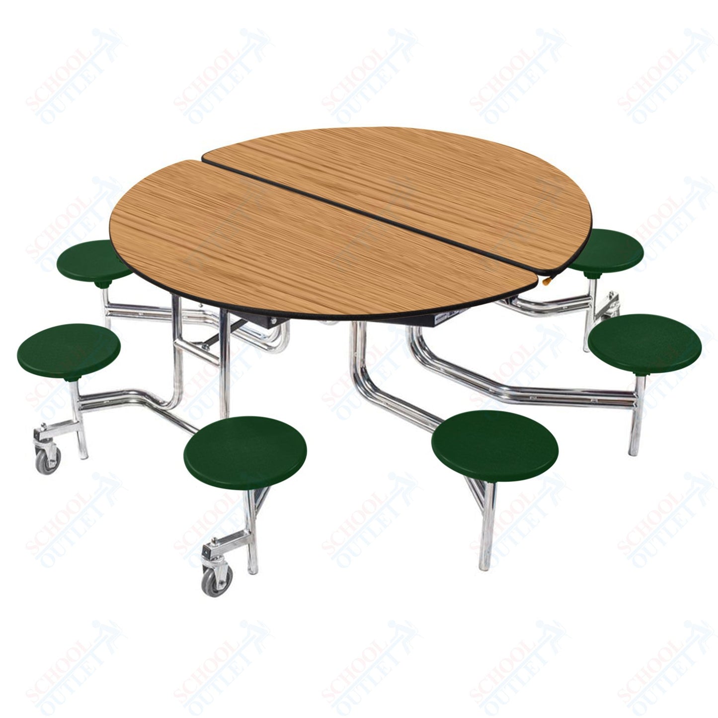 NPS 60" Round Mobile Cafeteria Table - 8 Stools - MDF Core - Protected Edge - Chrome Frame