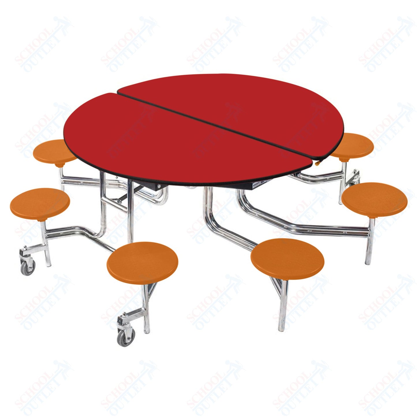 NPS 60" Round Mobile Cafeteria Table - 8 Stools - MDF Core - Protected Edge - Chrome Frame