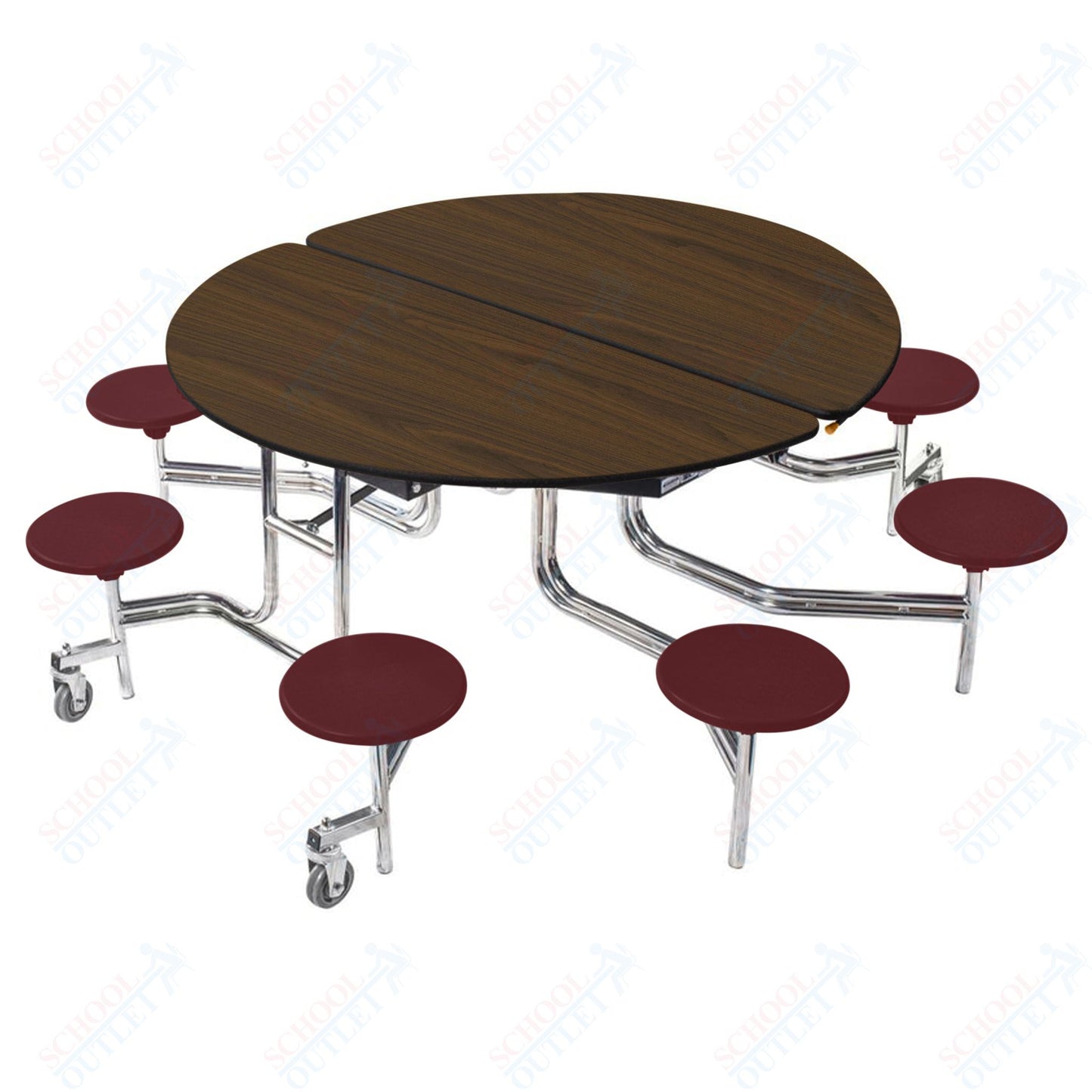 NPS 60" Round Mobile Cafeteria Table - 8 Stools - MDF Core - Protected Edge - Chrome Frame