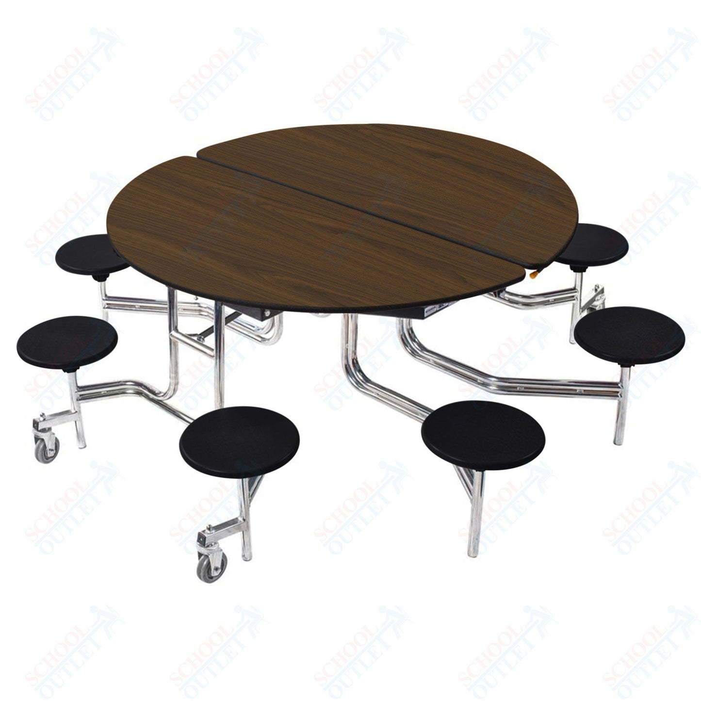 NPS 60" Round Mobile Cafeteria Table - 8 Stools - MDF Core - Protected Edge - Chrome Frame