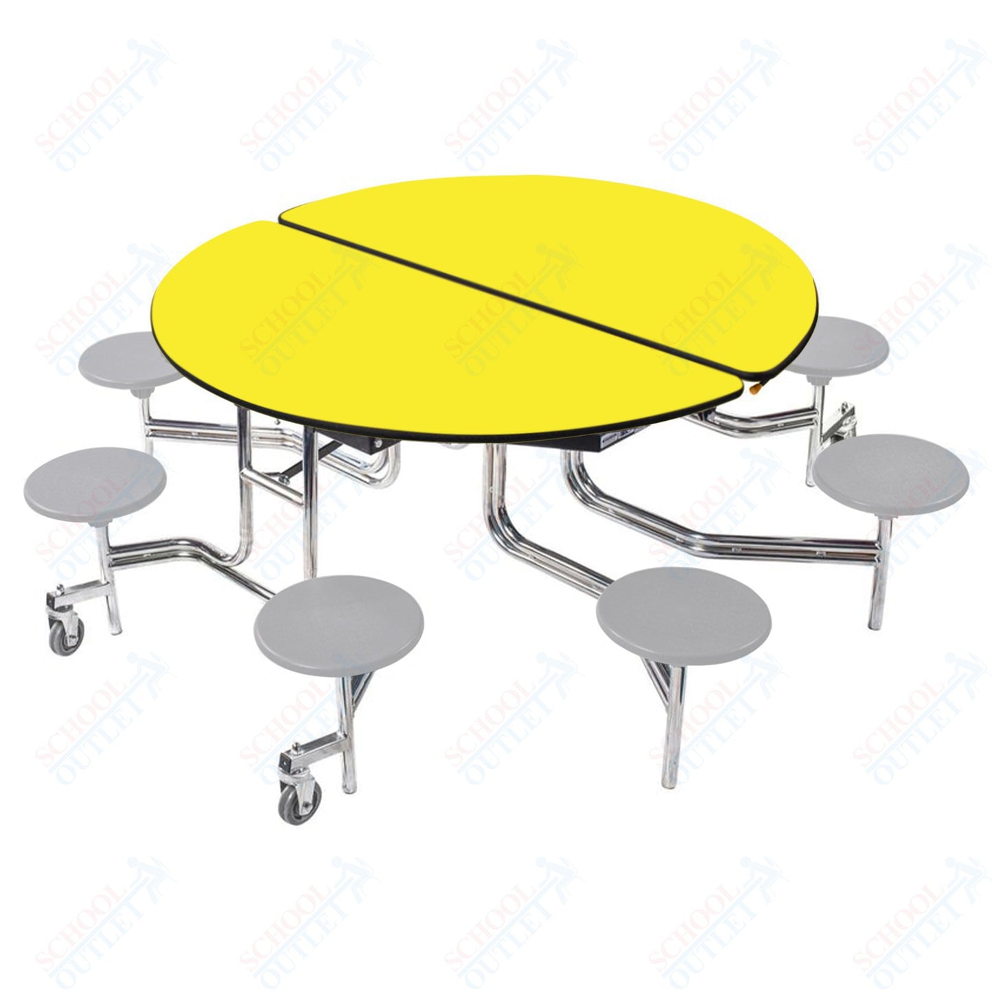 NPS 60" Round Mobile Cafeteria Table - 8 Stools - MDF Core - Protected Edge - Chrome Frame