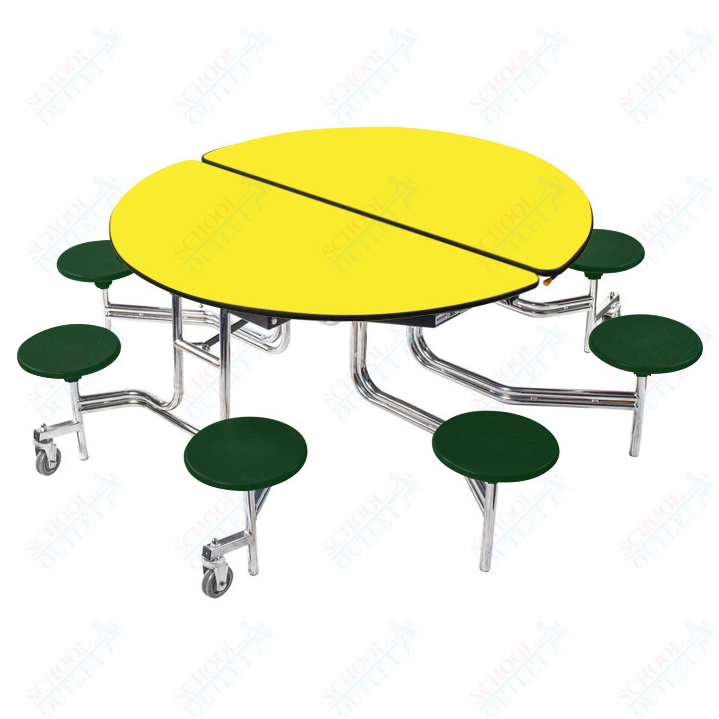 NPS 60" Round Mobile Cafeteria Table - 8 Stools - MDF Core - Protected Edge - Chrome Frame