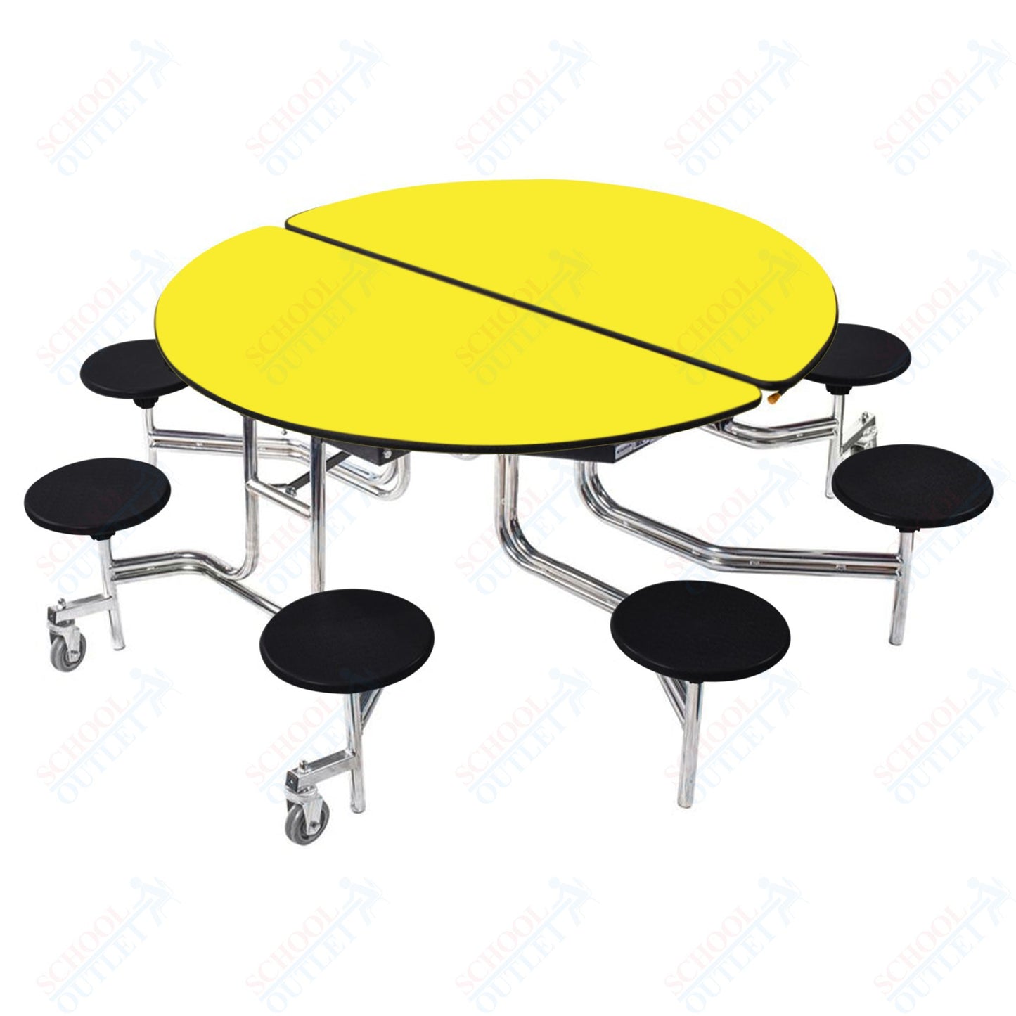 NPS 60" Round Mobile Cafeteria Table - 8 Stools - MDF Core - Protected Edge - Chrome Frame