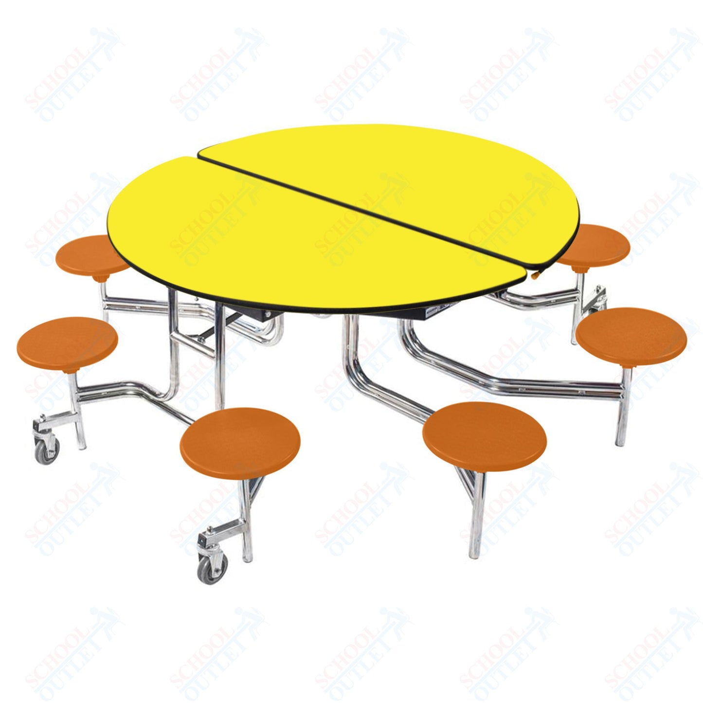 NPS 60" Round Mobile Cafeteria Table - 8 Stools - MDF Core - Protected Edge - Chrome Frame