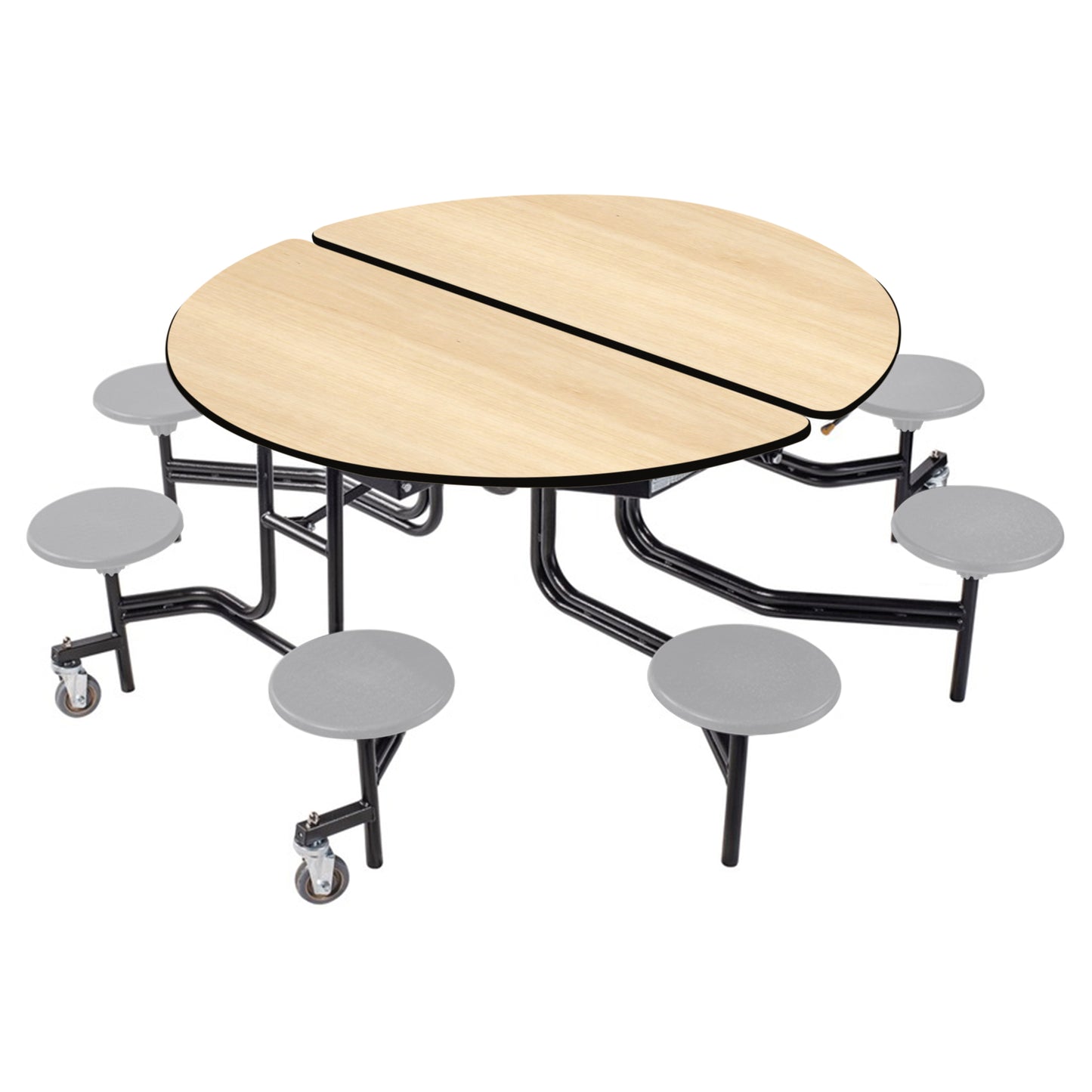 NPS 60" Round Mobile Cafeteria Table - 8 Stools - MDF Core - Protected Edge - Black Powdercoated Frame