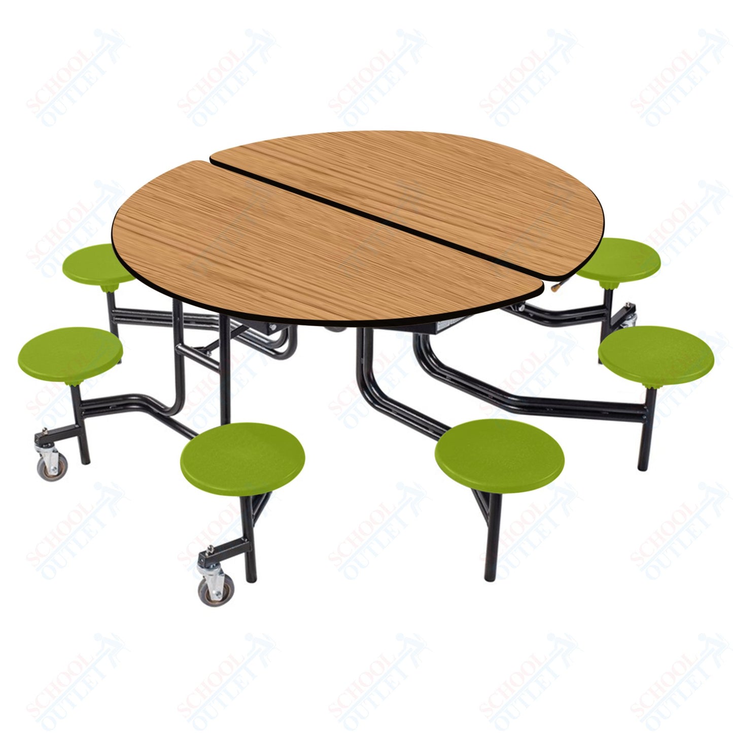 NPS 60" Round Mobile Cafeteria Table - 8 Stools - MDF Core - Protected Edge - Black Powdercoated Frame