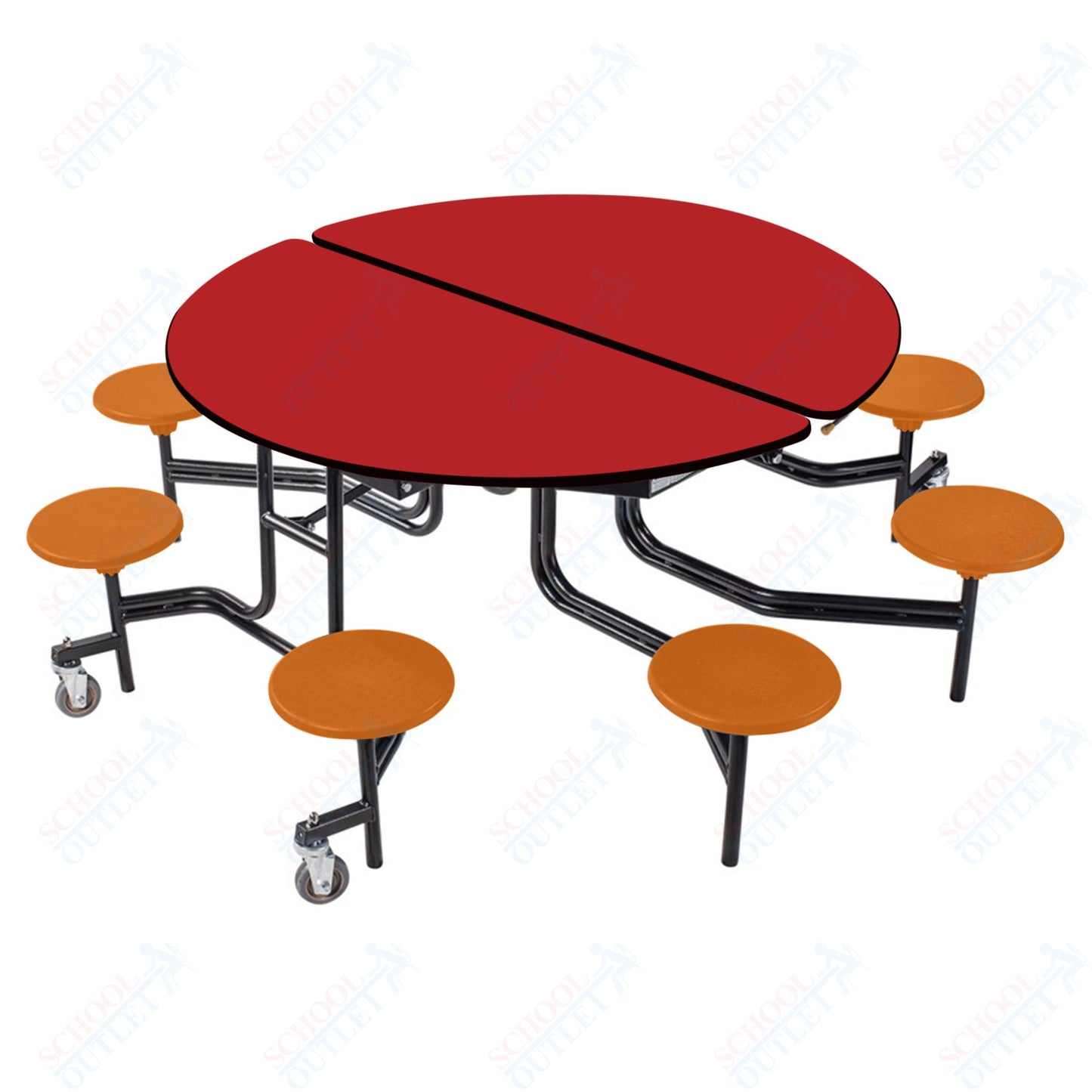 NPS 60" Round Mobile Cafeteria Table - 8 Stools - MDF Core - Protected Edge - Black Powdercoated Frame