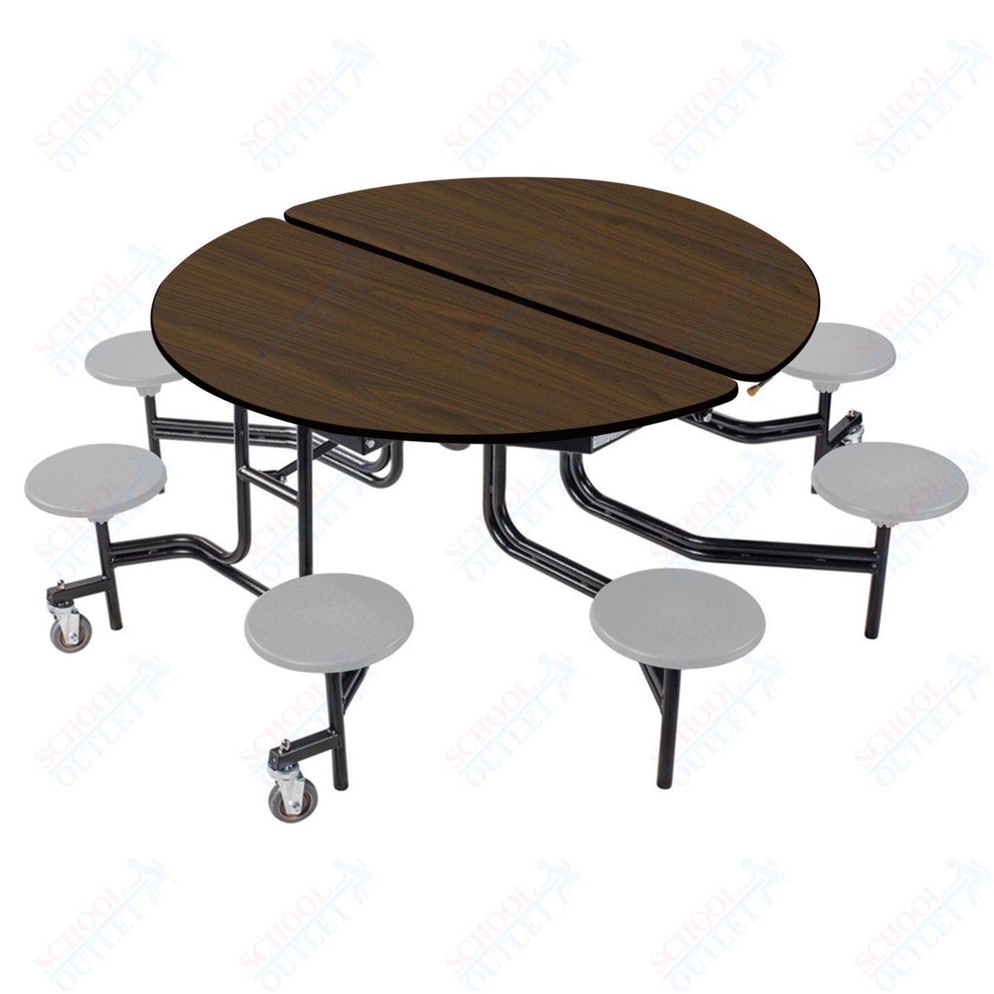 NPS 60" Round Mobile Cafeteria Table - 8 Stools - MDF Core - Protected Edge - Black Powdercoated Frame