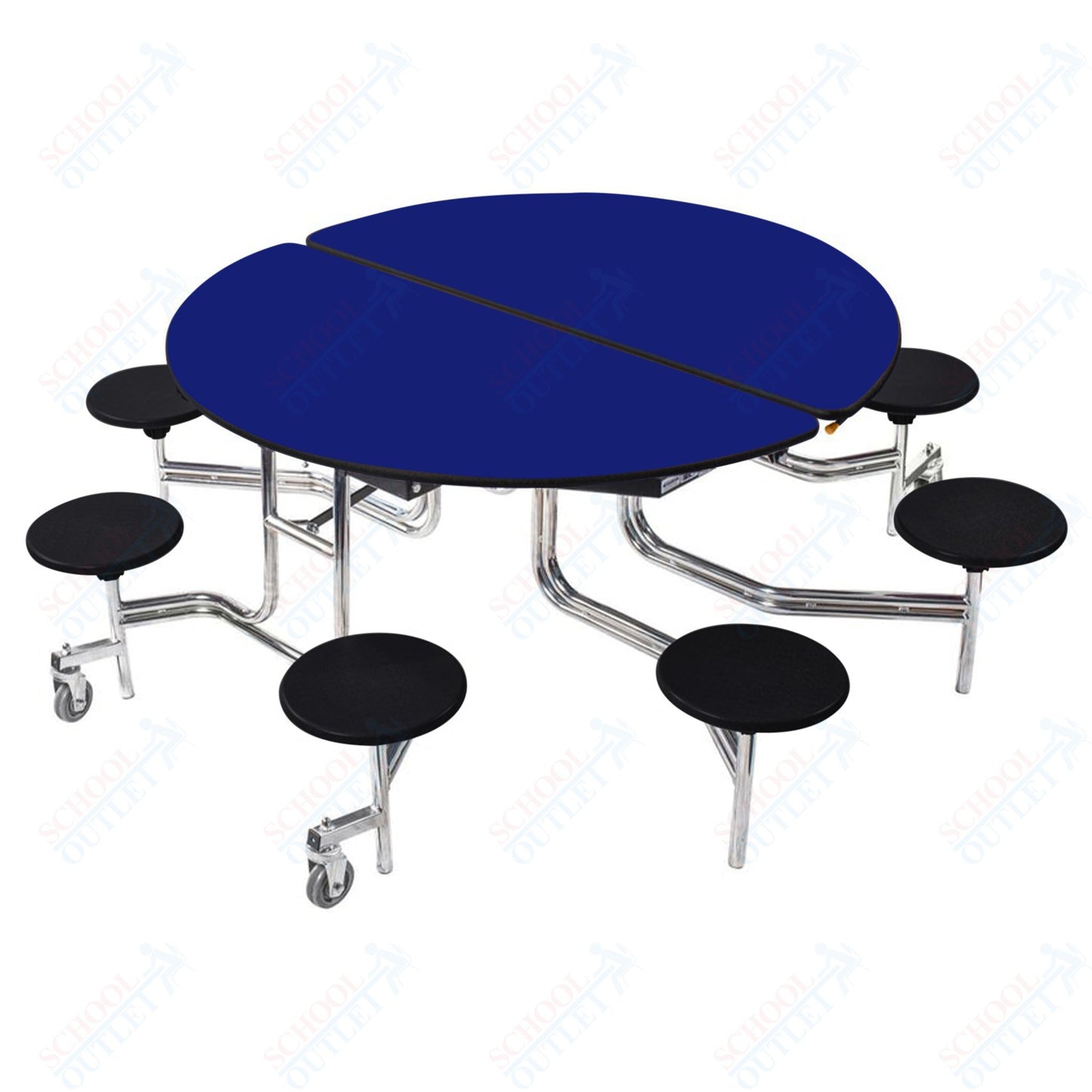 NPS 60" Round Mobile Cafeteria Table - 8 Stools - Particleboard Core - T-Molding Edge - Chrome Frame